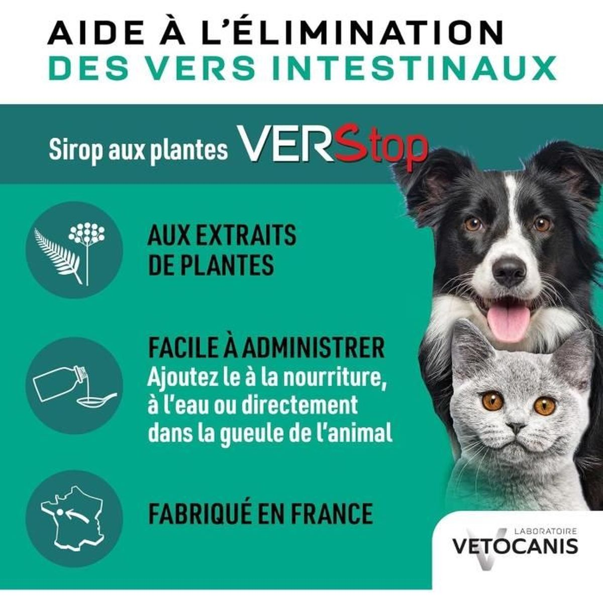 Werbebild für pflanzlichen Tiersirup gegen Würmer, mit Hund und Katze.