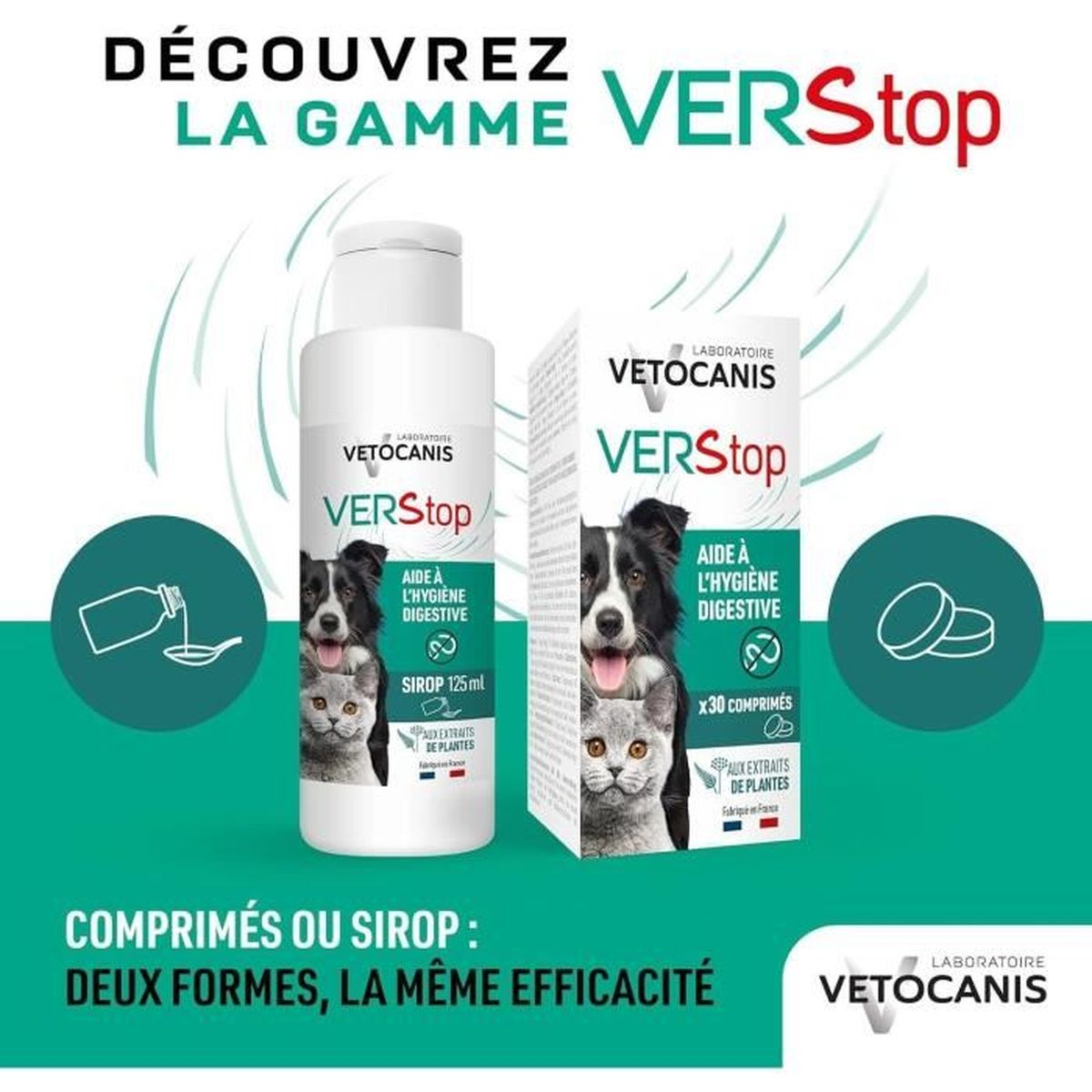 Vetocanis Verstop Produktreihe mit Sirup und Tabletten für Hunde und Katzen, beworben auf grünem Hintergrund.