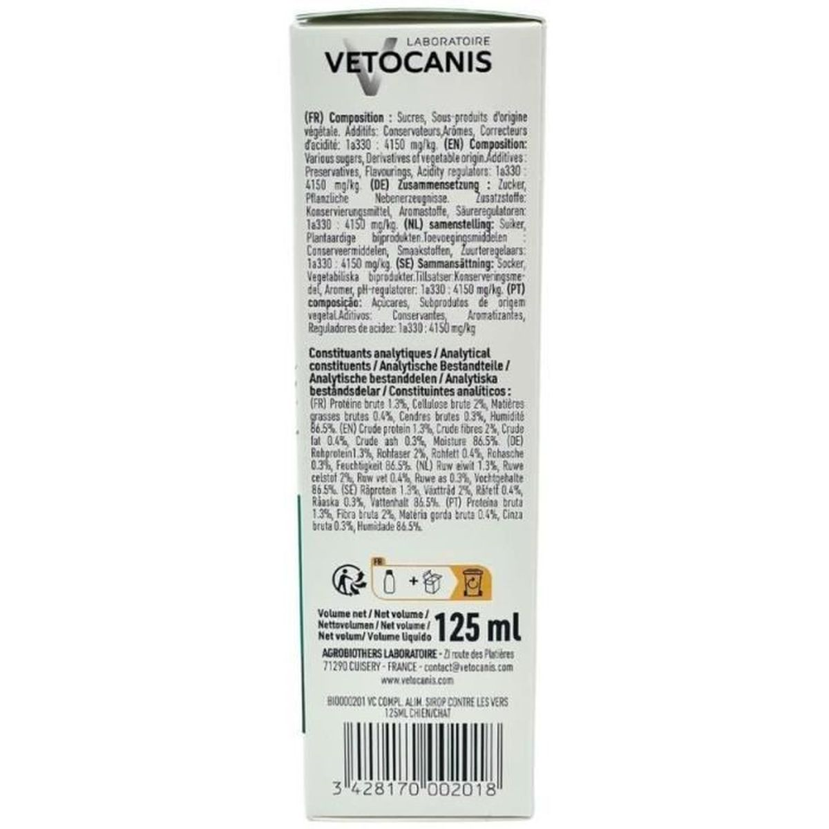 Rückseite einer Vetocanis Tierarzneiverpackung mit Inhaltsstoffen und 125 ml Angabe.