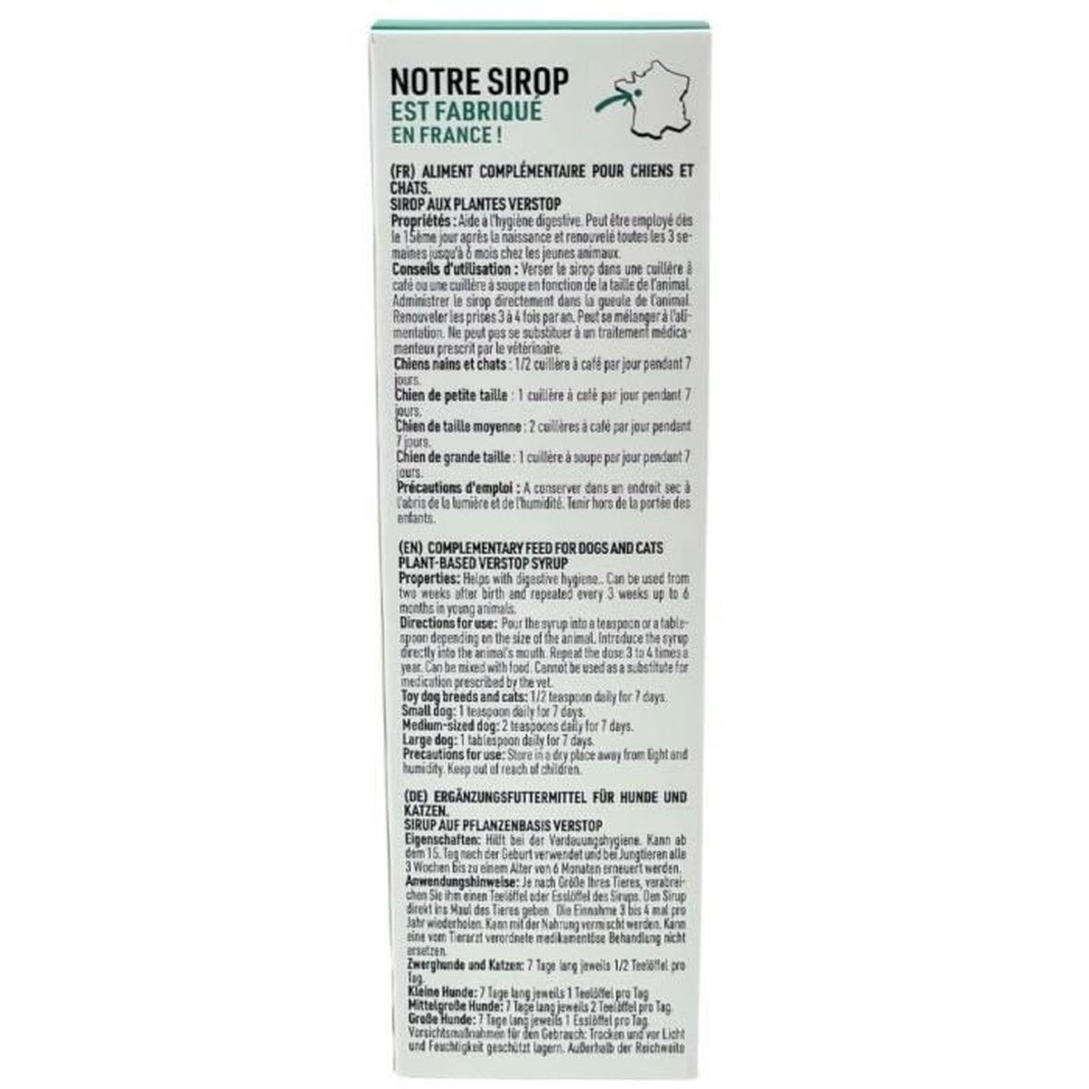 Rückseite einer Produktverpackung mit Text in Französisch, Englisch und Deutsch.