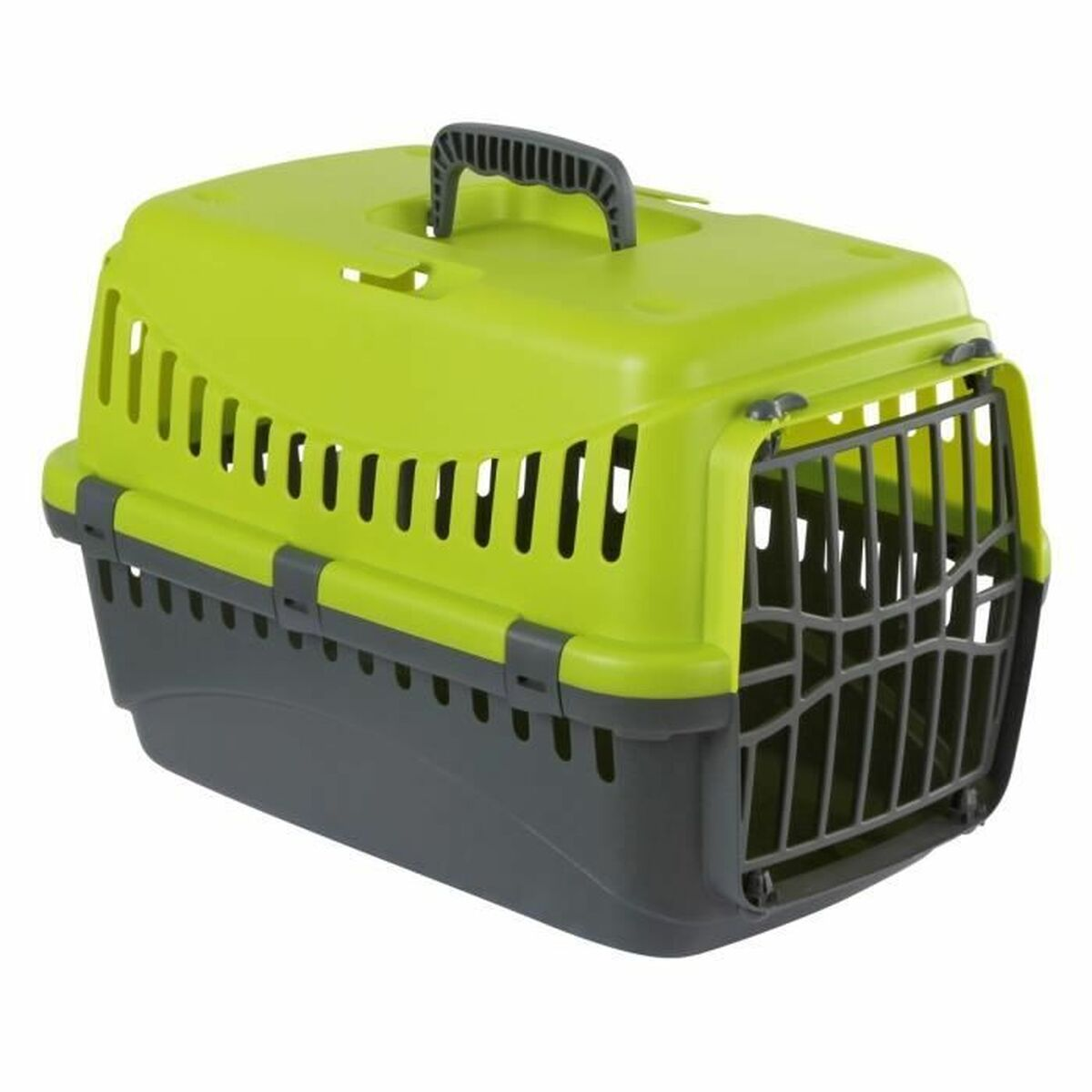 Grüne und graue Haustiertransportbox mit Gittertür und Griff.