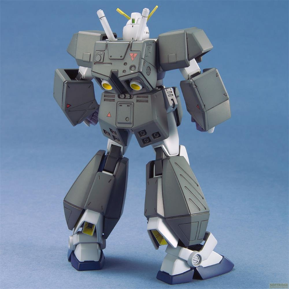 Rückansicht einer grau-weißen Mecha-Roboterfigur vor blauem Hintergrund.
