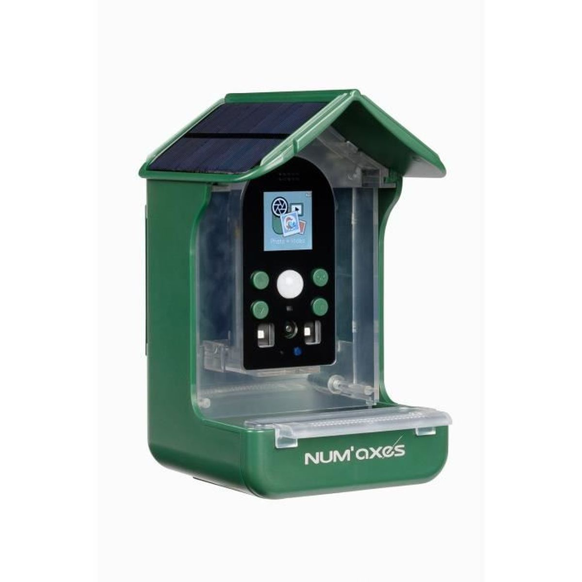 Grüne Futterstation mit Solarpanel, Kamera und Display auf weißem Hintergrund.
