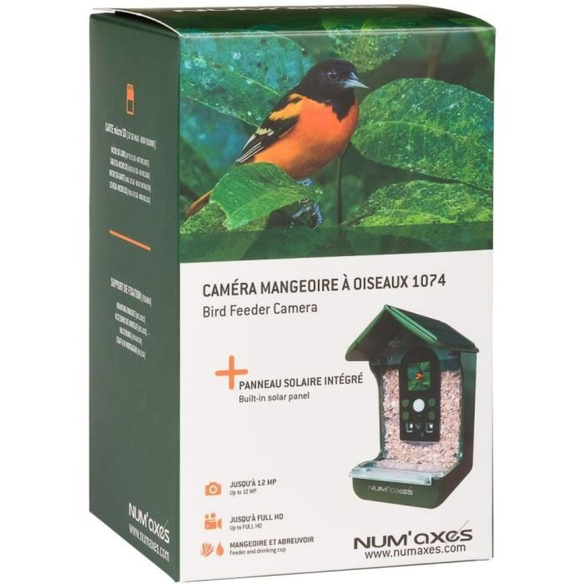 Produktverpackung einer Vogelfutterkamera mit integriertem Solarpanel und einem Bild eines Vogels auf der Vorderseite.