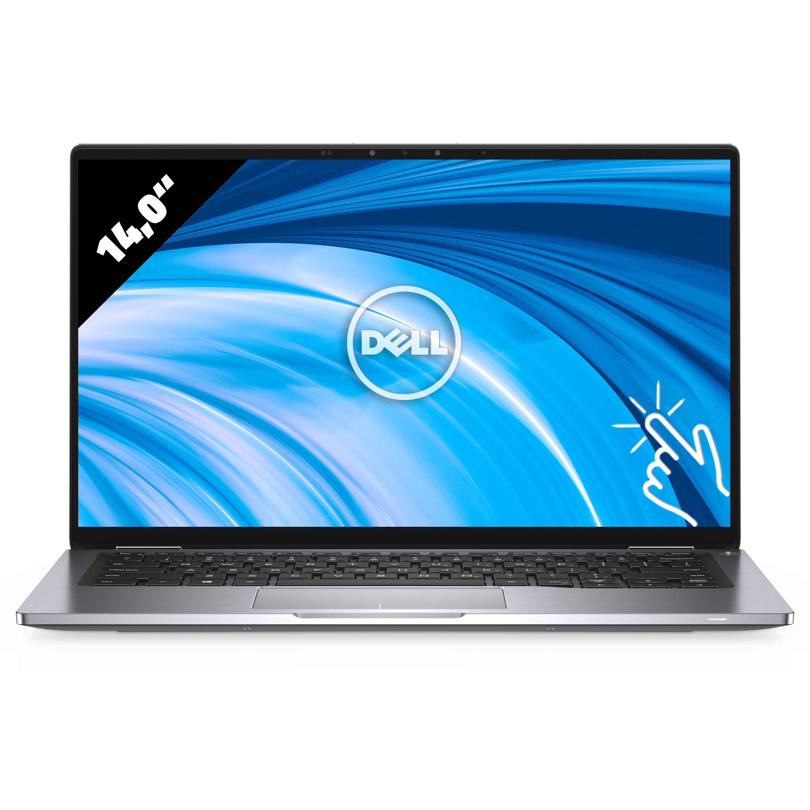 Ein silberner Dell Laptop mit 14,0-Zoll blauem Hintergrundbild und schwarzer Tastatur auf weißem Grund.