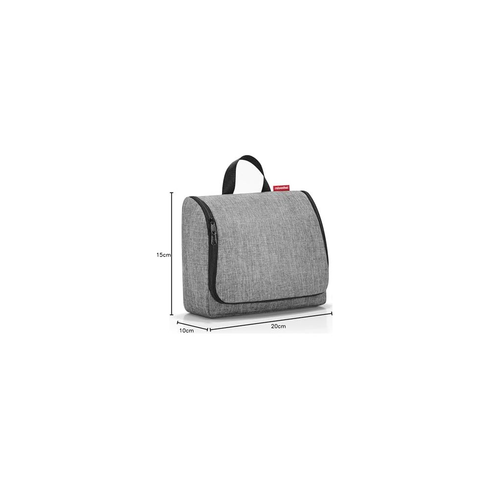 Graue Kulturtasche mit schwarzem Griff und Reißverschluss, mit Maßen 20cm Breite, 15cm Höhe und 10cm Tiefe.