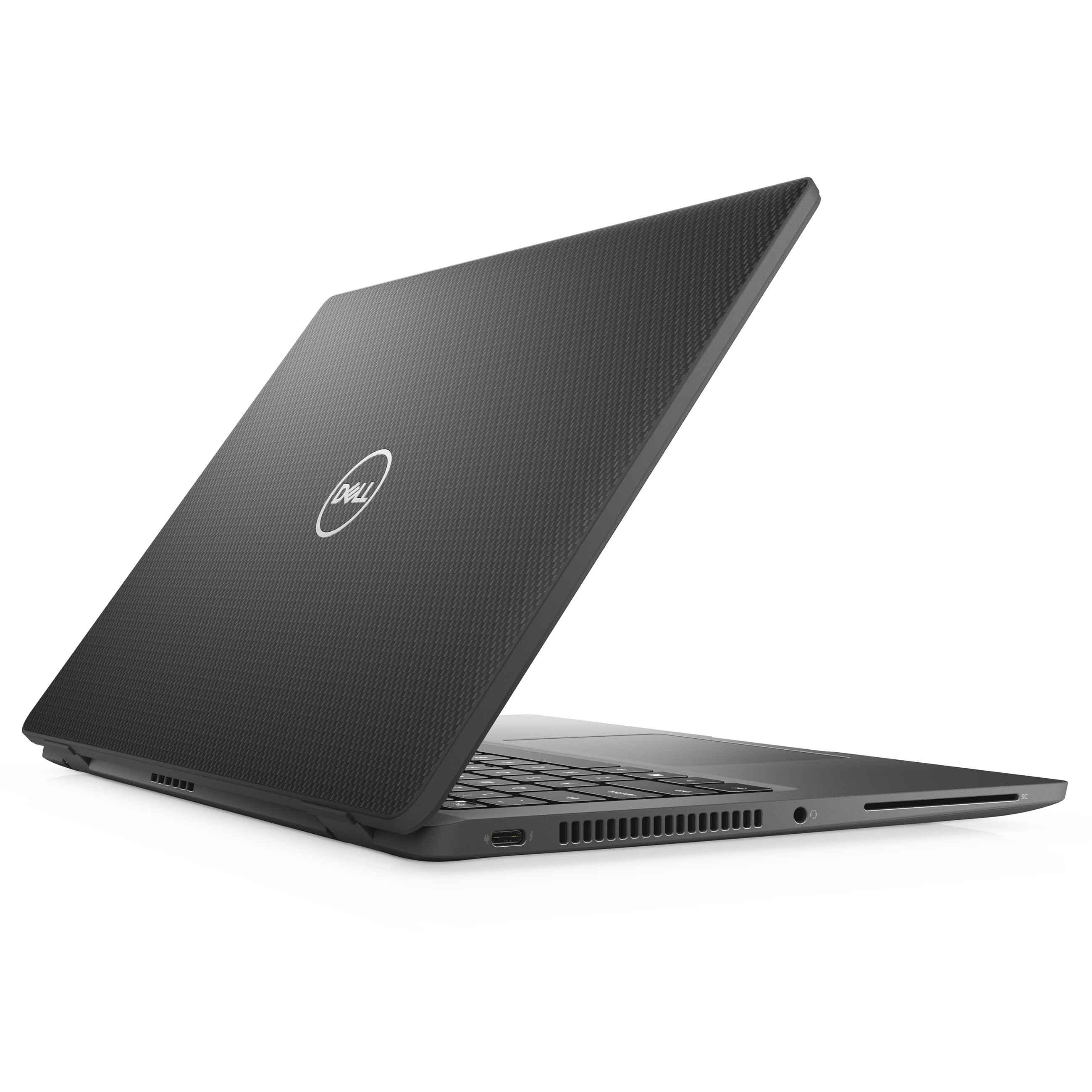 Ein geschlossener schwarzer Dell-Laptop mit strukturierter Hülle und weißem Logo auf einer weißen Oberfläche.
