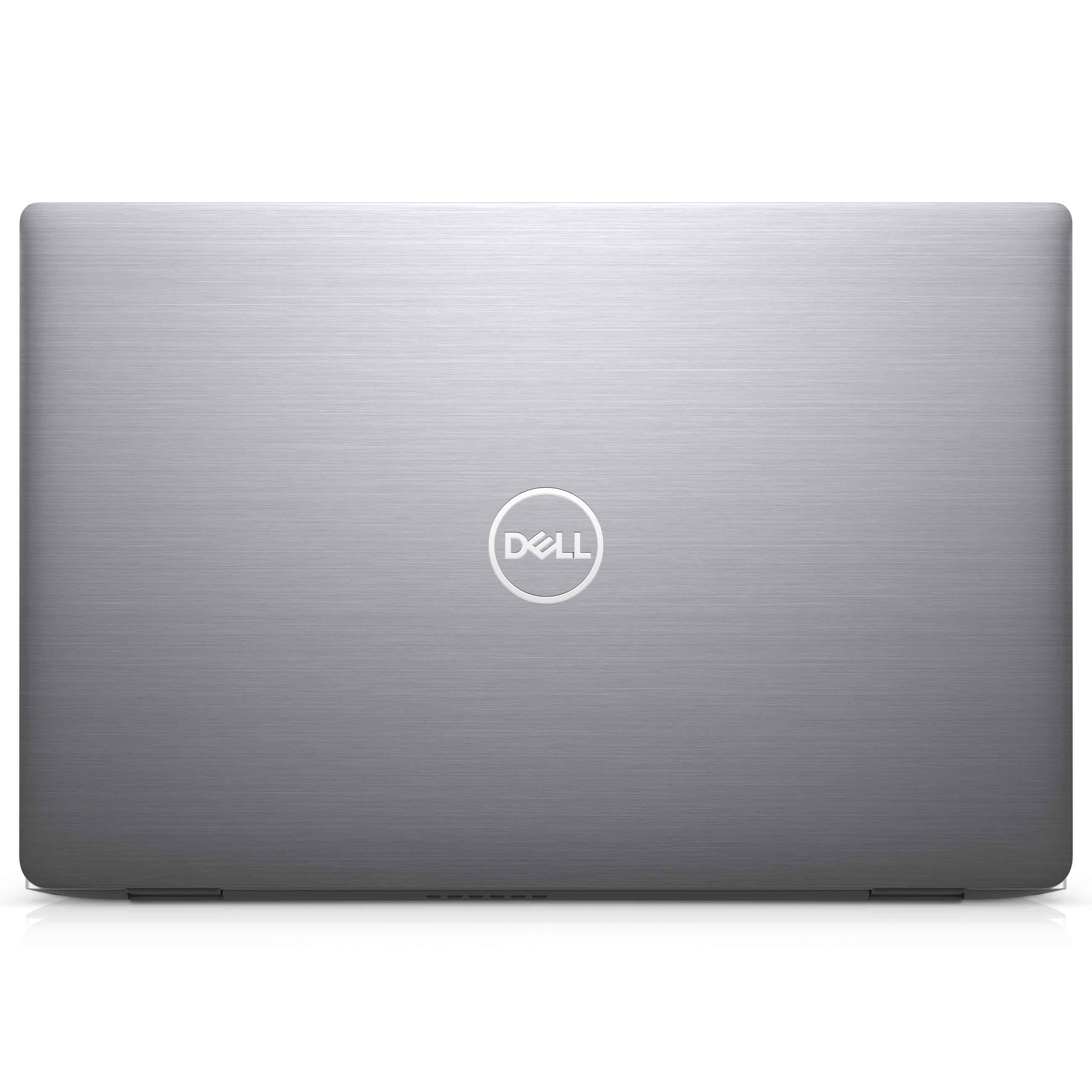 Ein silberner Dell-Laptop mit geschlossenem Deckel und zentriertem Dell-Logo vor weißem Hintergrund.