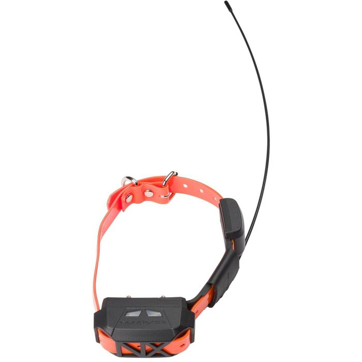 Ein orangefarbenes Hundehalsband mit einem schwarzen elektronischen Gerät und langer Antenne.