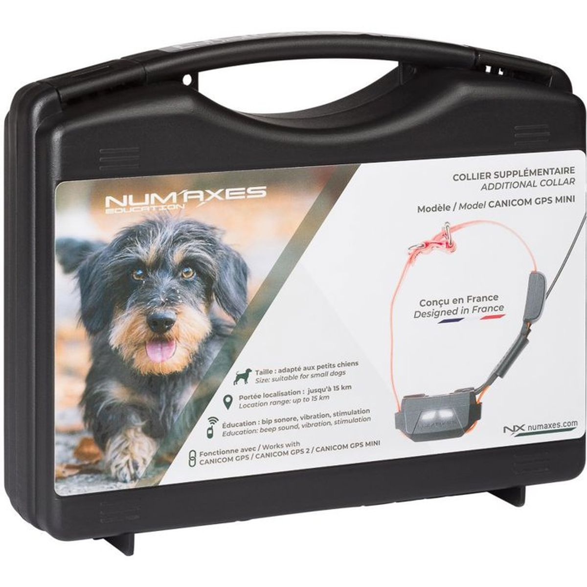 Schwarzer Koffer für das Numaxes Canicom GPS Mini Hunde-Halsband mit Bild eines Hundes.