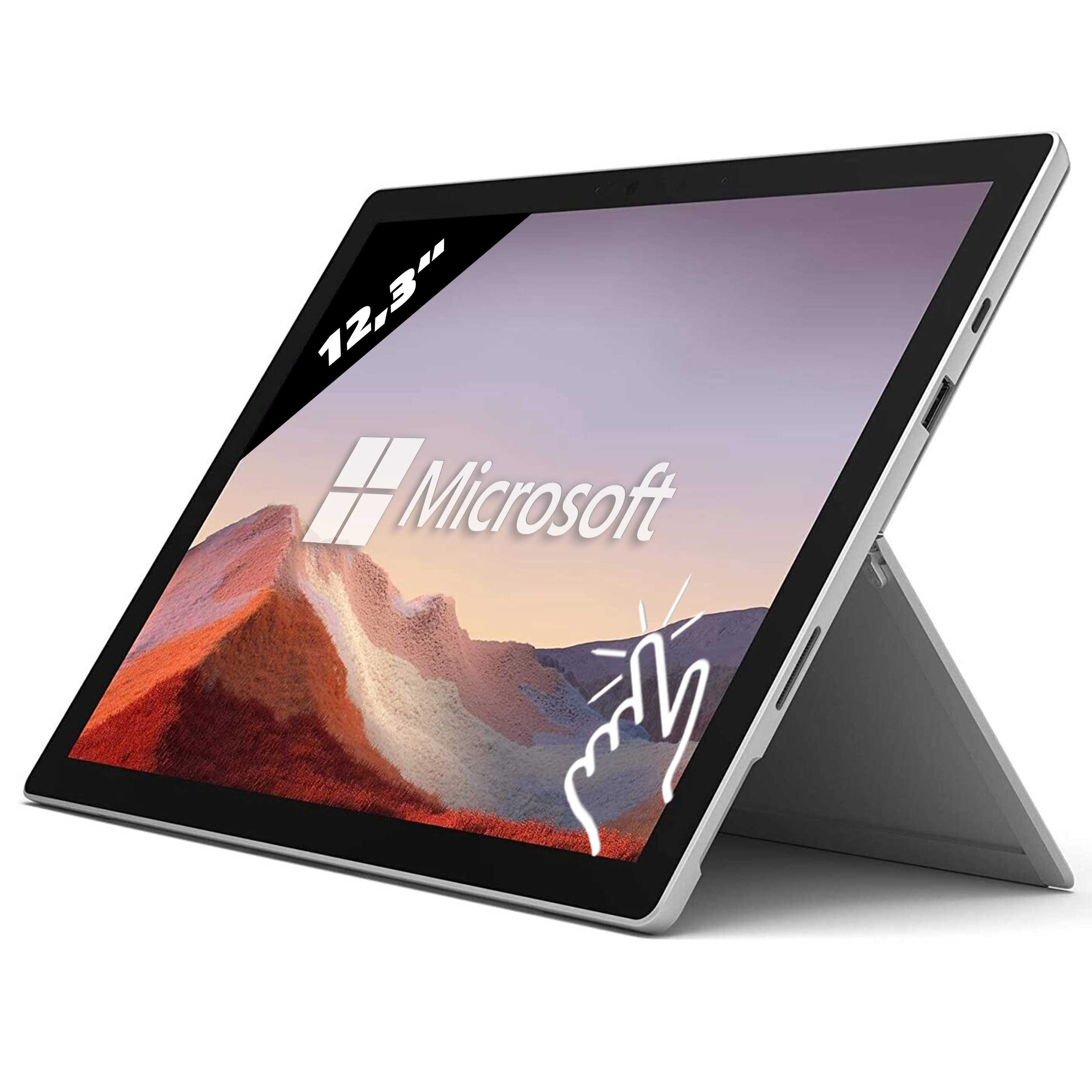 Ein Microsoft Surface Tablet auf einem Ständer mit Berg-Hintergrundbild und 12,3-Zoll-Display-Symbol.