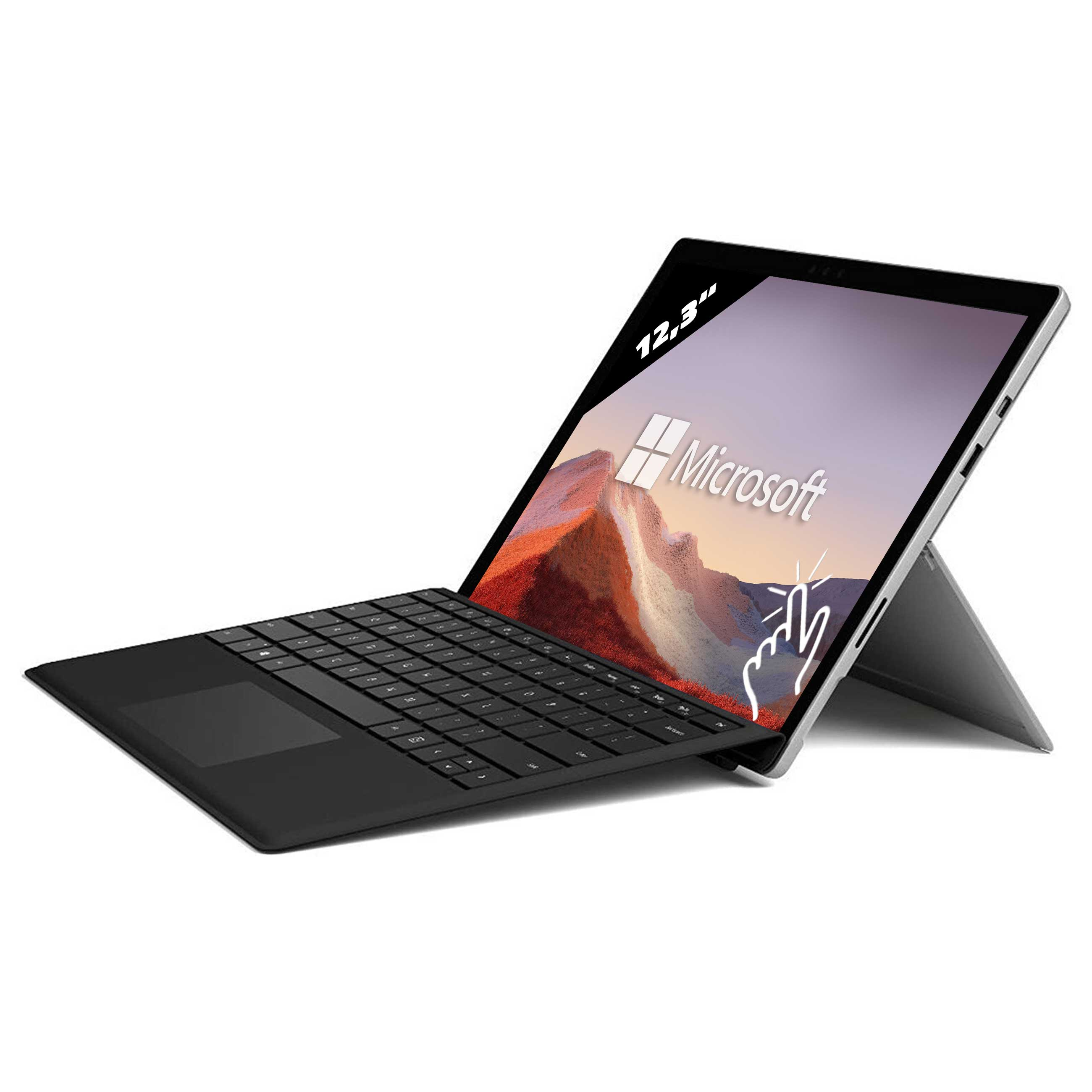 Microsoft Surface 12,3-Zoll-Tablet mit schwarzer Tastatur und Ständer auf weißem Hintergrund.