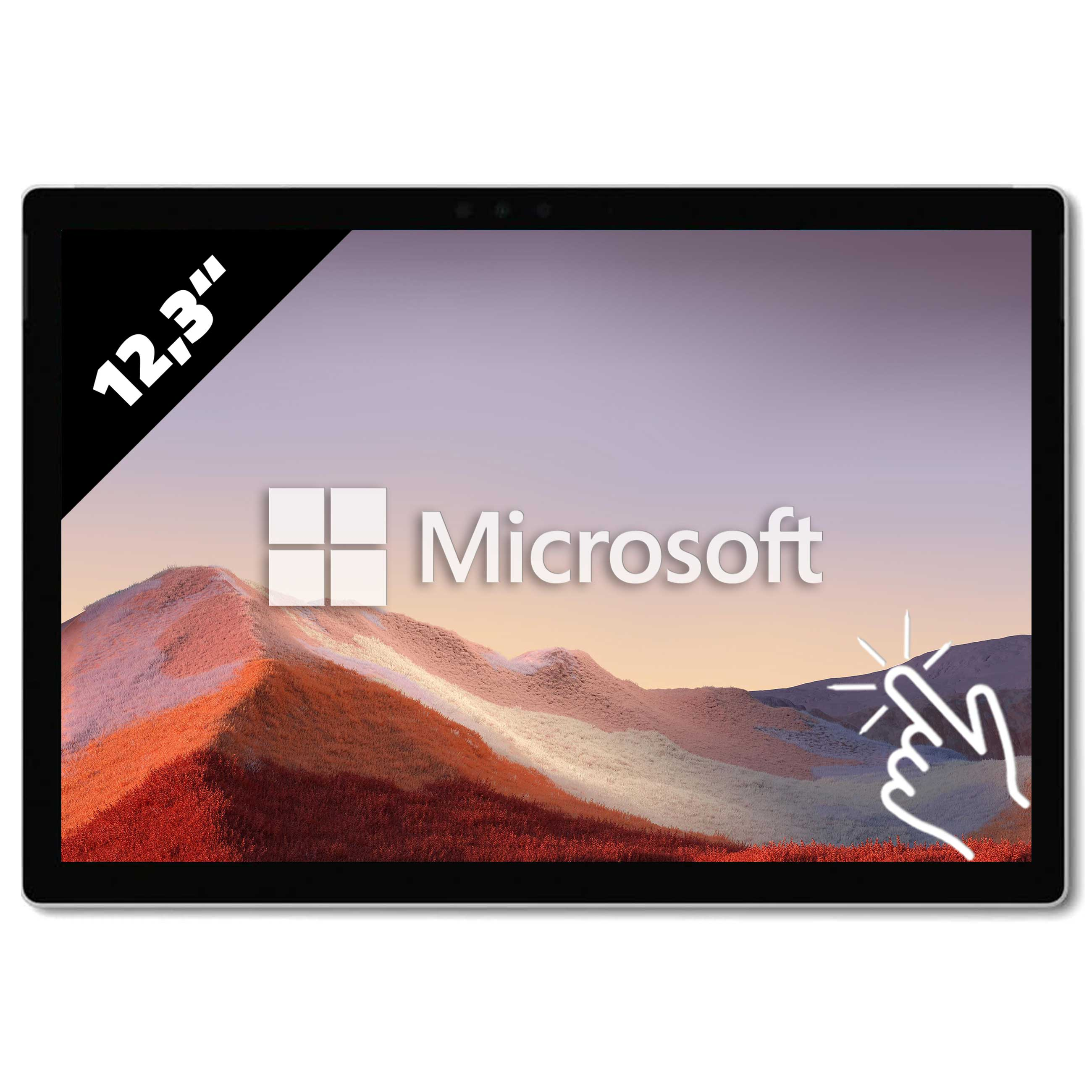 Microsoft-Tablet mit Berührungssymbol, Bergen im Hintergrund und 12,3-Zoll-Aufkleber.