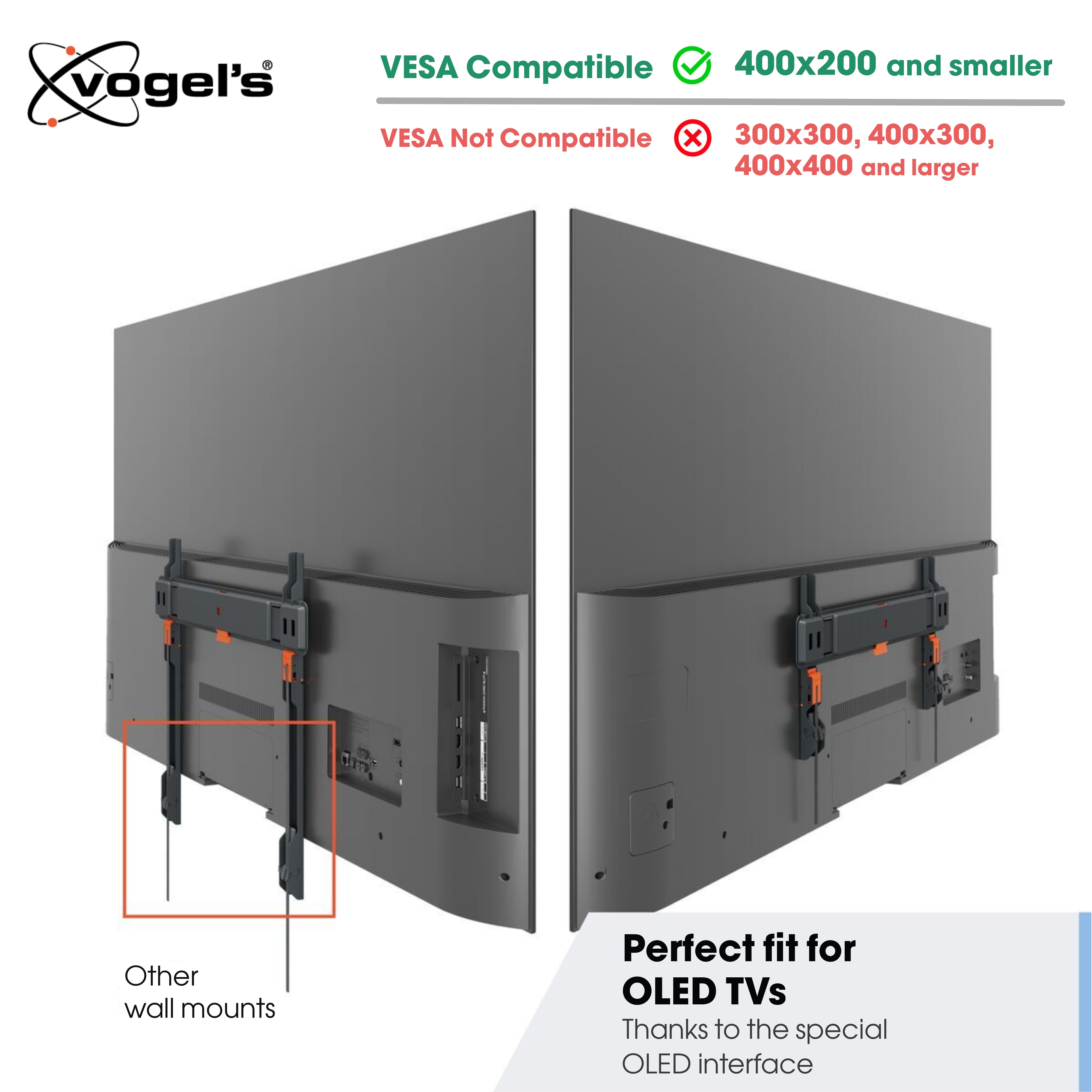 Soporte de pared para TV OLED de Vogel's con detalles de compatibilidad VESA y vista trasera.