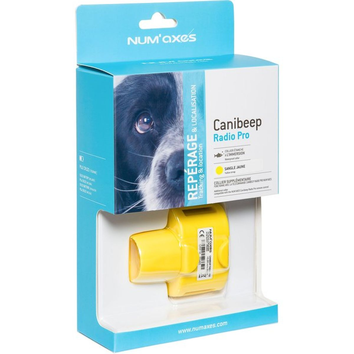 Blaue und weiße Verpackung des Num'axes Canibeep Radio Pro mit einem gelben Hundehalsband im Inneren.