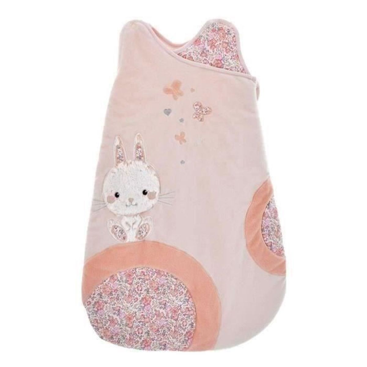 Rosa Babyschlafsack mit Hasenapplikation, Blumenmuster und Schmetterlingen.