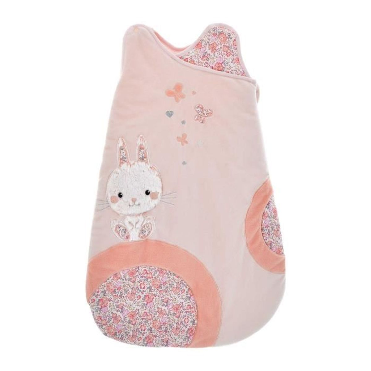 Rosa Babyschlafsack mit appliziertem weißen Hasen, Schmetterlingen und floralen Stoffakzenten.