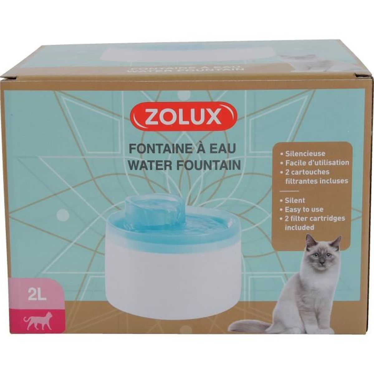 Produktverpackung eines Zolux 2L-Katzenbrunnens in Blau und Weiß mit einem Bild einer Katze.
