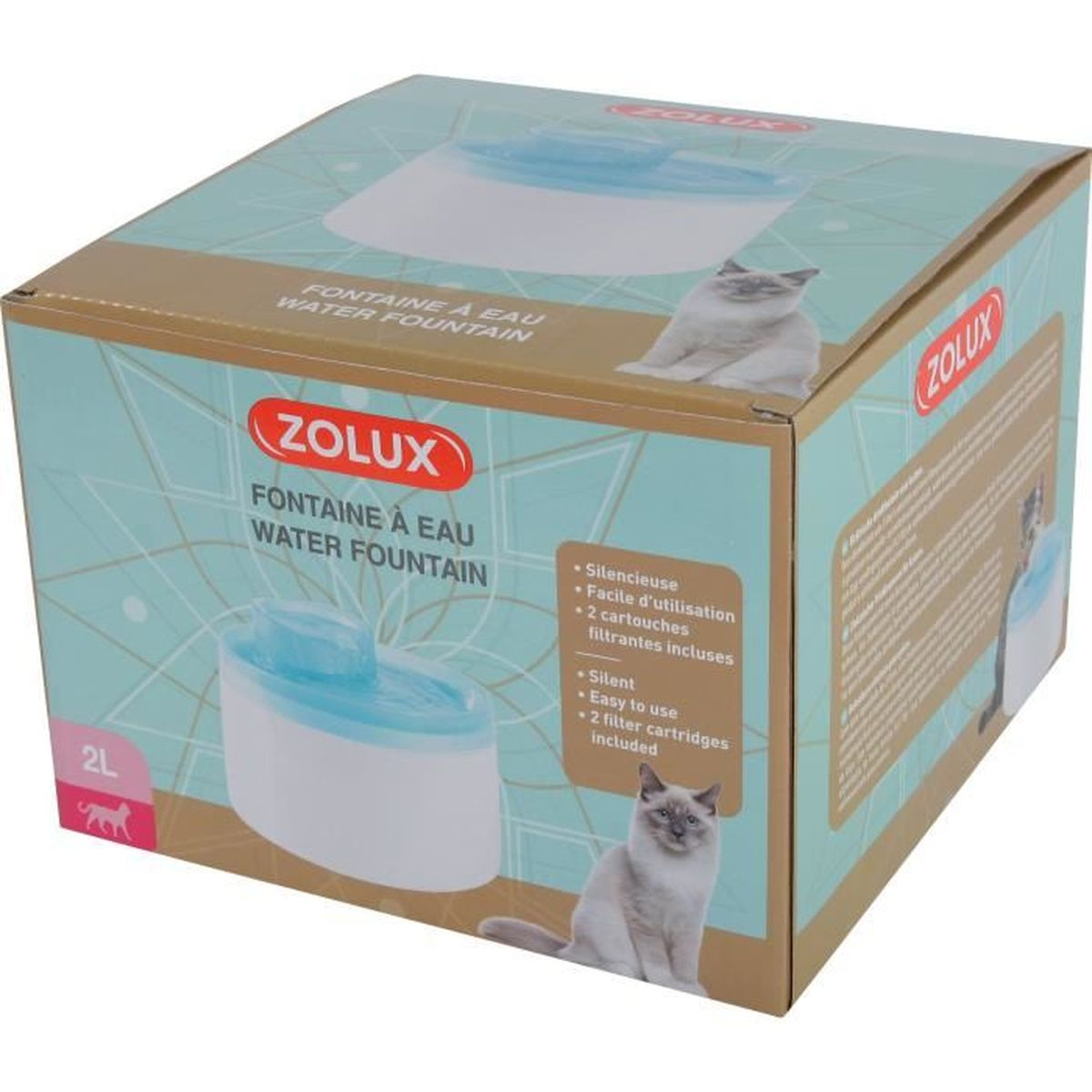 Verpackungskarton einer Zolux Katzen-Trinkbrunnen mit 2L Fassungsvermögen und Katzenfoto.