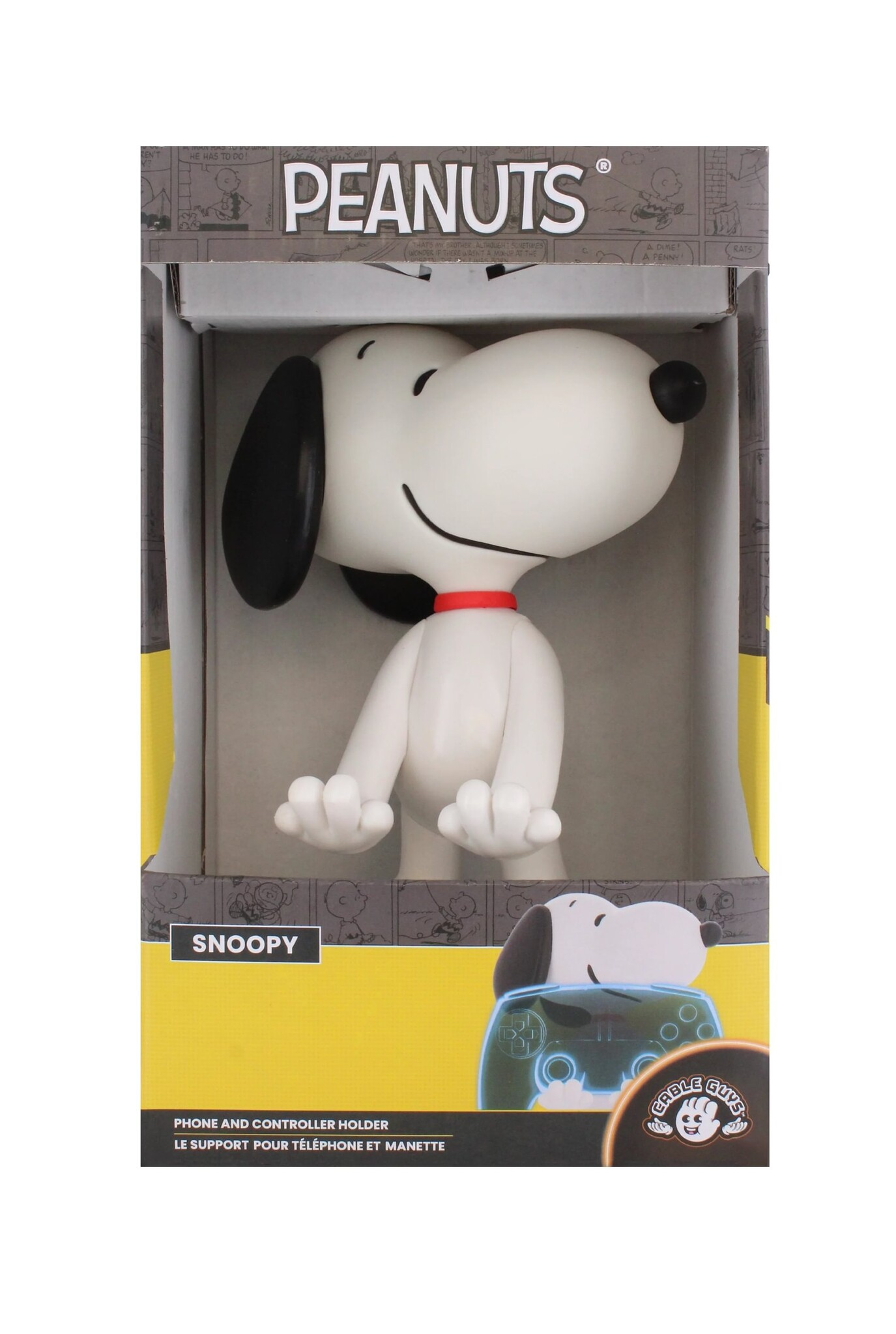 Eine Snoopy-Figur als Handy- und Controllerhalter in Verpackung mit weißem Körper und schwarzen Ohren.
