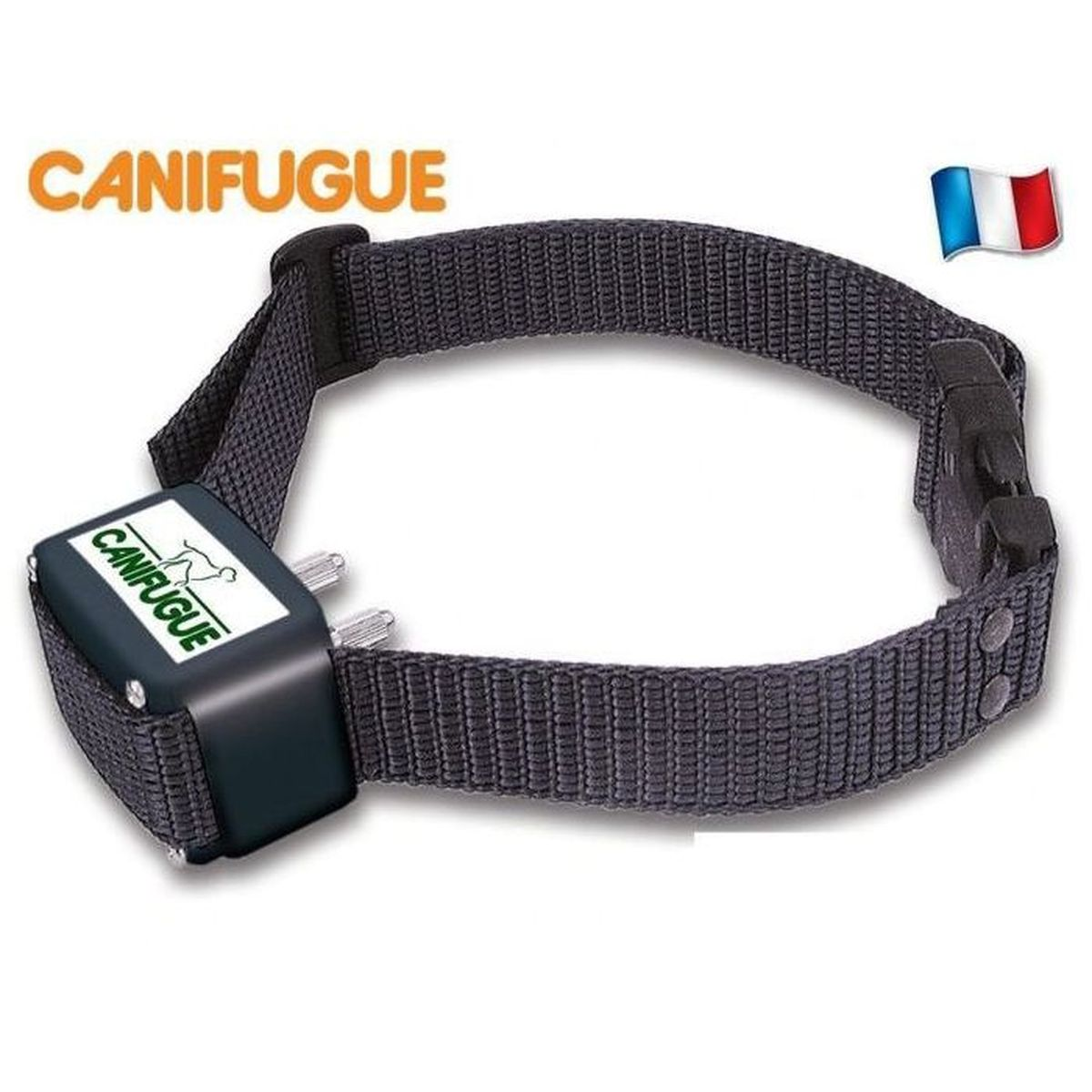 Ein schwarzes Canifugue Hunde-E-Halsband mit Empfänger, Textilband und französischer Flagge auf weißem Hintergrund.