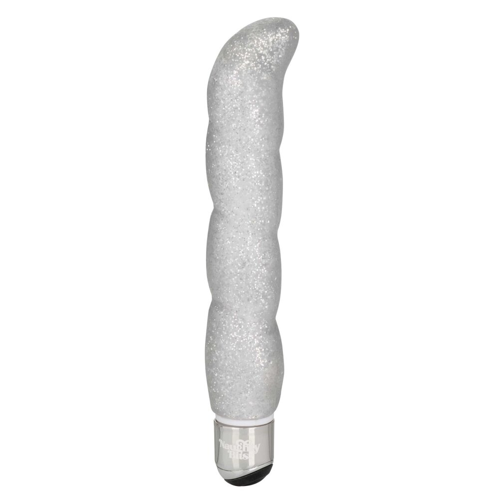 Ein glitzernder silberner Dildo mit wellenförmiger Textur und silberner Basis auf weißem Hintergrund.
