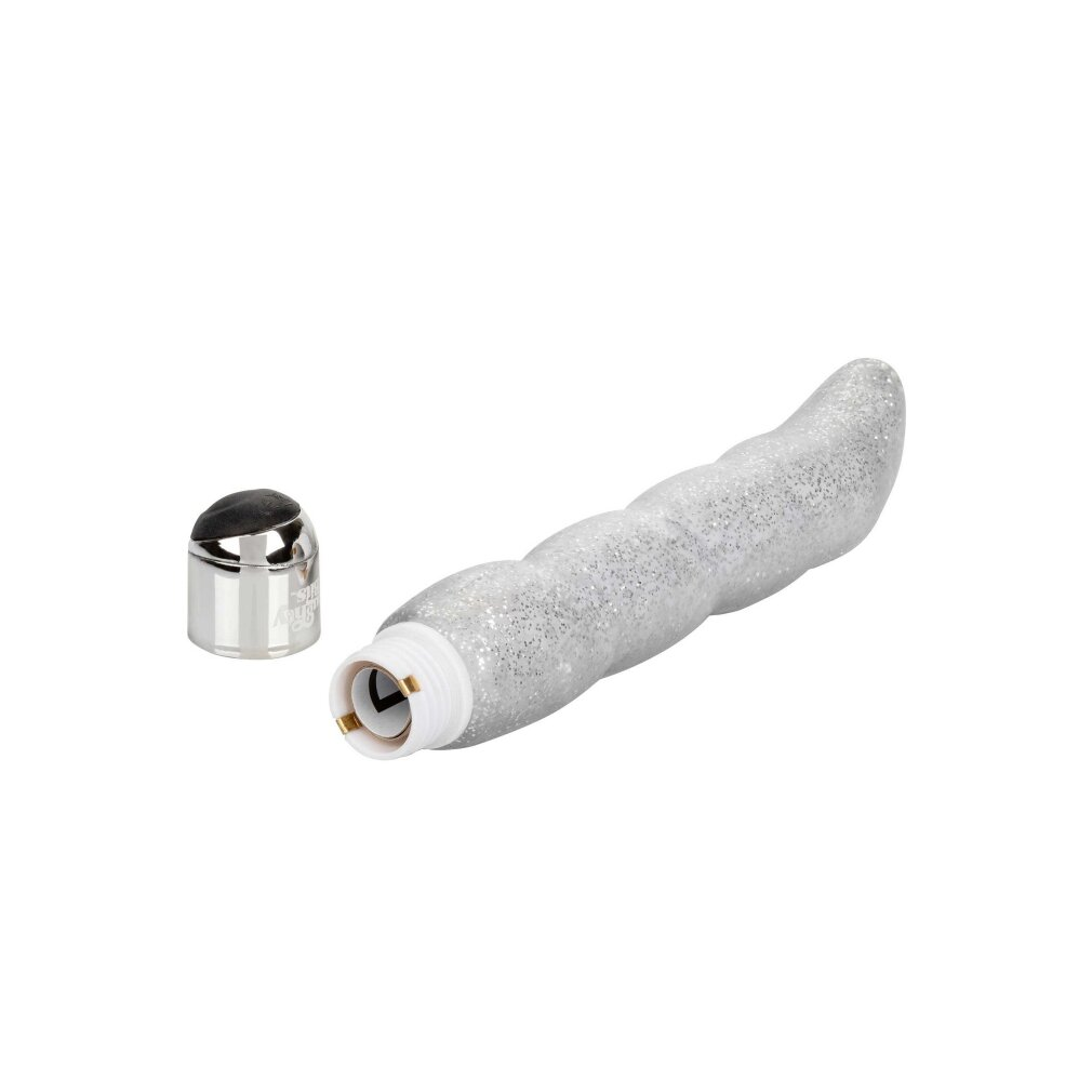 Ein silberner, glitzernder Vibrator mit abgenommener Chromkappe auf weißem Hintergrund.