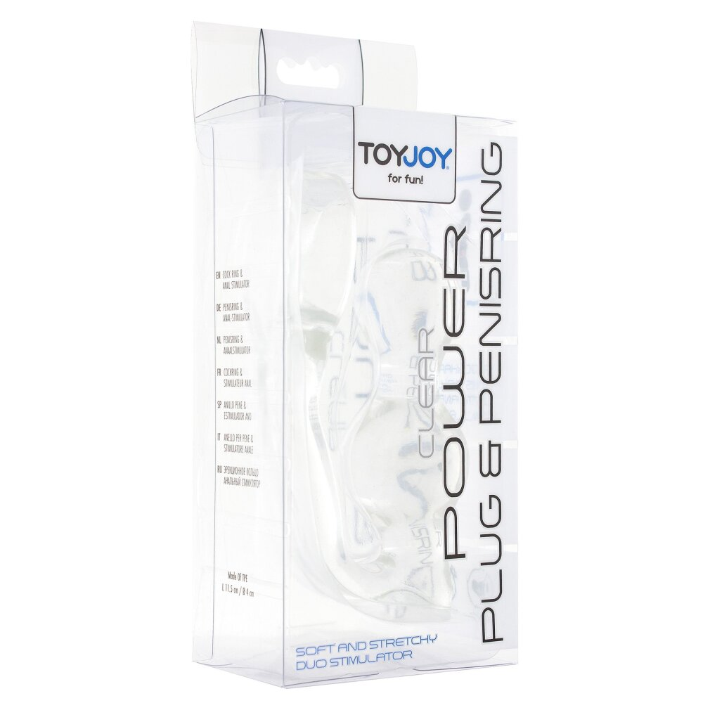 Transparente Verpackung mit ToyJoy Clear Power Plug und Penisring auf weißem Grund.