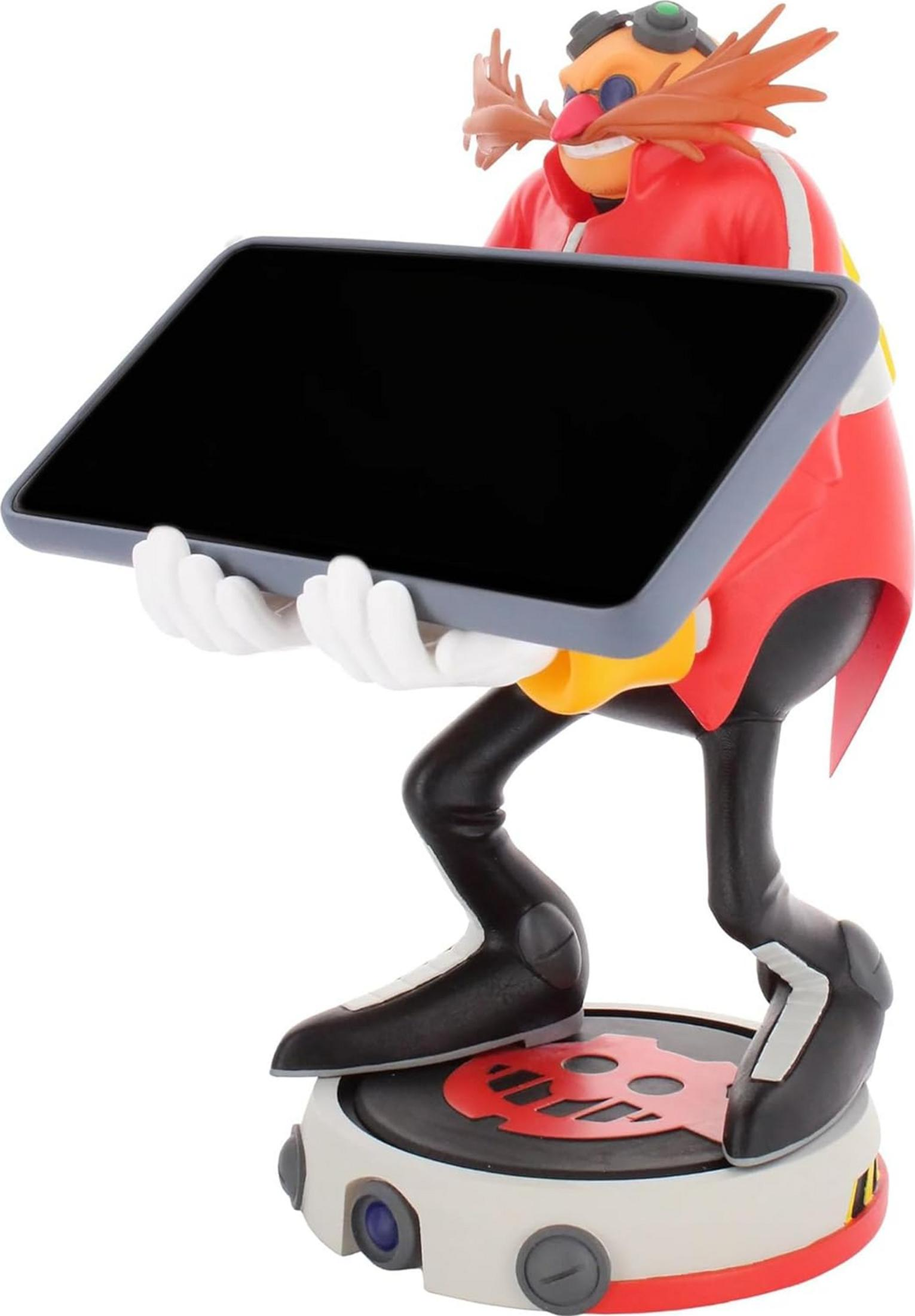 Dr. Eggman Figur hält einen schwarzen Smartphone-Halter auf einem runden Sockel vor weißem Hintergrund.