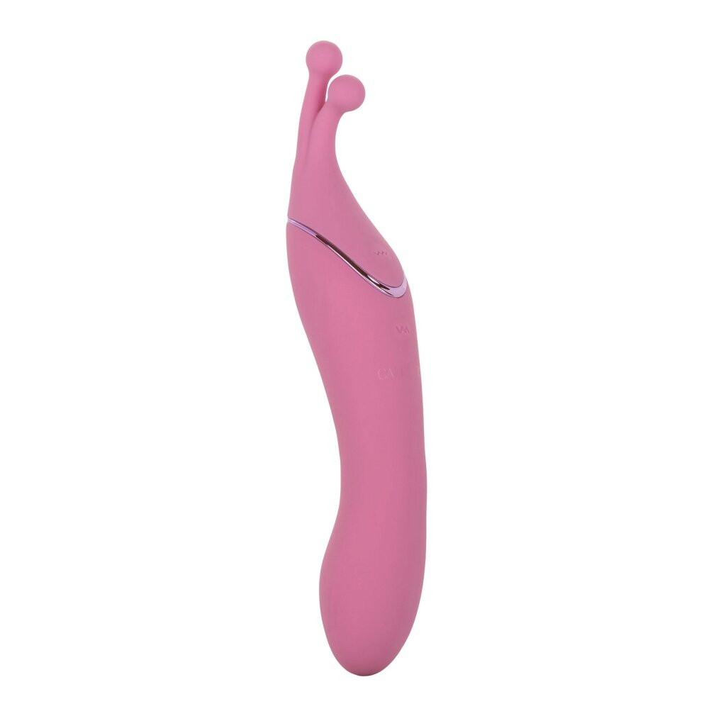 Ein rosa Silikon-Sexspielzeug mit zwei Spitzen und geschwungenem Körper auf weißem Grund.