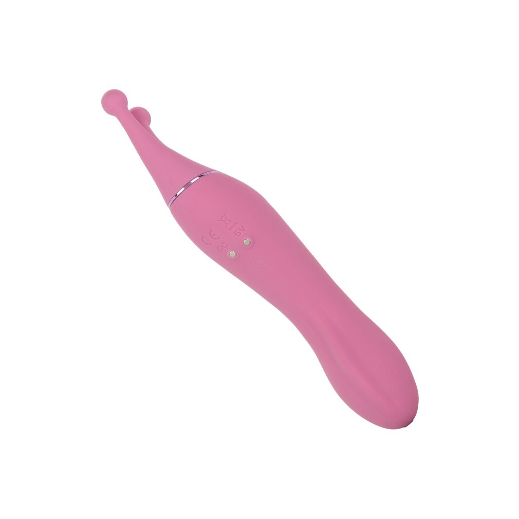 Ein pinkfarbenes, geschwungenes Wellness-Gerät mit zwei runden Spitzen und silbernen Ladekontakten auf weißem Grund.