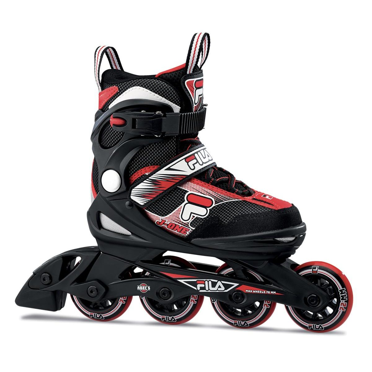 Schwarzer und roter Fila Inline-Skate mit vier Rädern auf weißem Hintergrund.