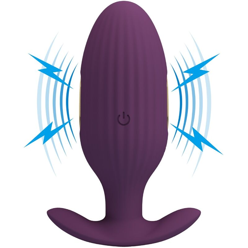 Lila, geriffeltes Wellness-Gerät mit Power-Symbol und blauen elektrischen Wellen an den Seiten.