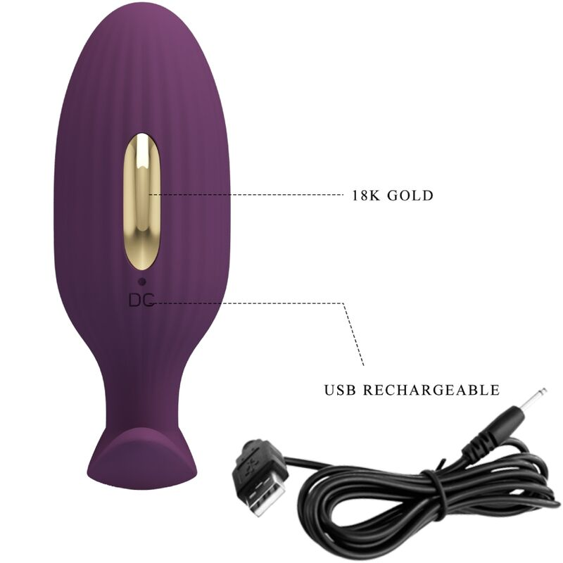 Lila, eiförmiges Sexspielzeug mit 18k Goldakzent und USB-Ladekabel.