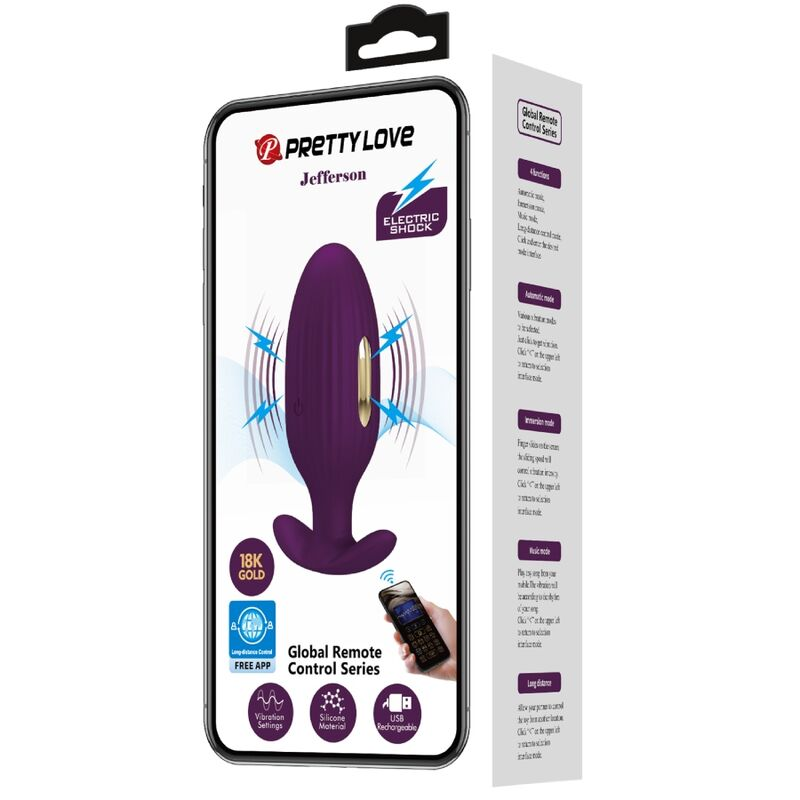 Lila V-förmiges Sexspielzeug in der Verpackung mit App-Symbolen und Texten.