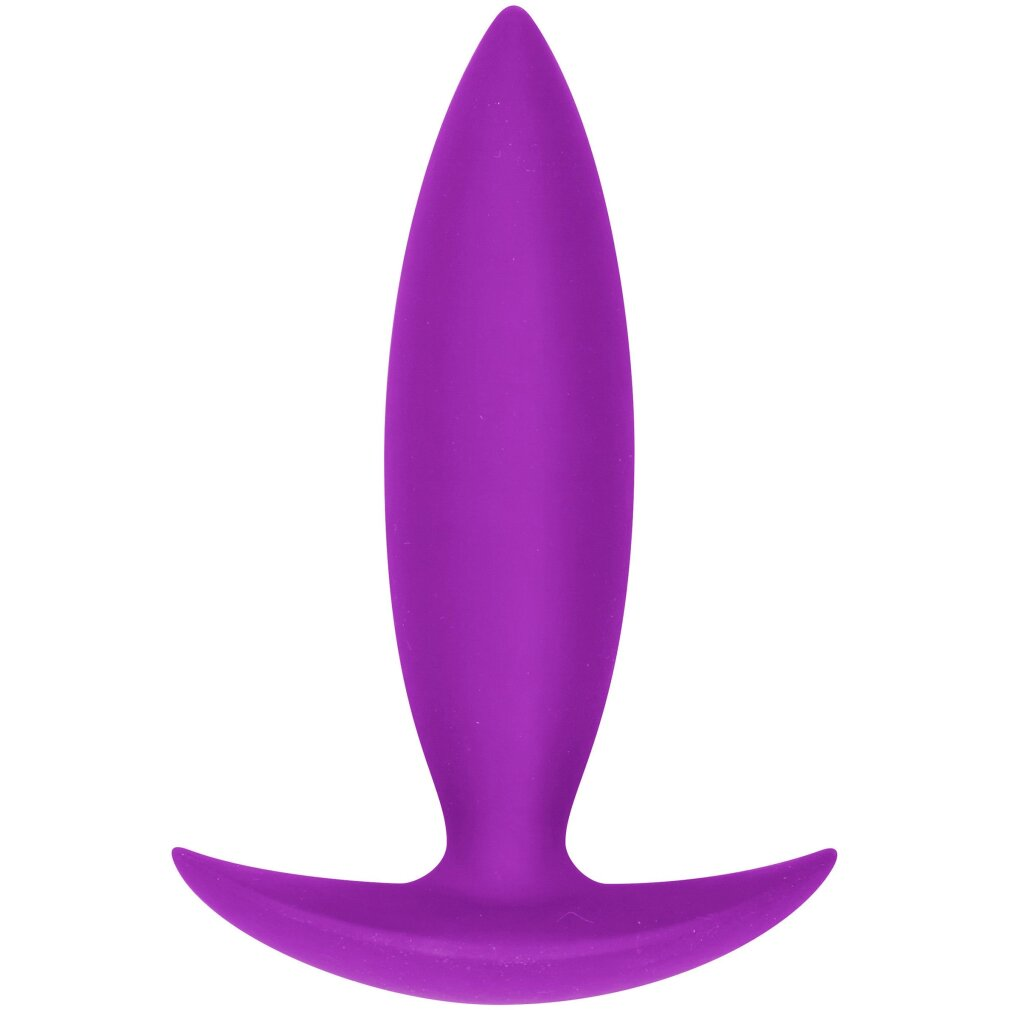 Ein glattes, violettes, T-förmiges Silikonobjekt vor einem einfarbigen weißen Hintergrund.