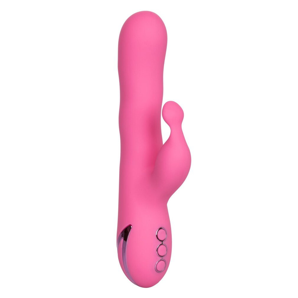 Ein rosafarbenes, geschwungenes Sexspielzeug mit einem kleineren seitlichen Arm und drei silbernen Knöpfen.
