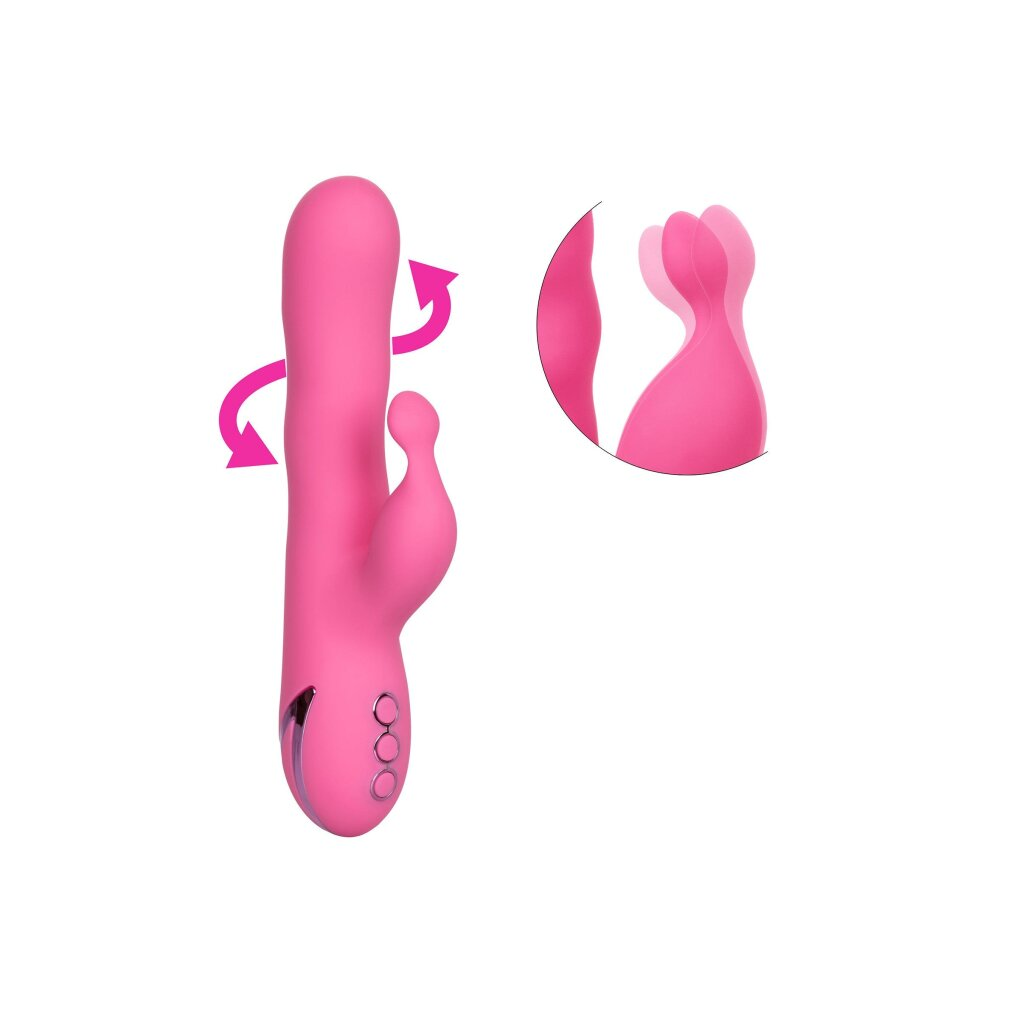 Ein rosafarbener Vibrator mit drei Knöpfen und einem flexiblen Aufsatz, der rotierende Bewegungen zeigt.