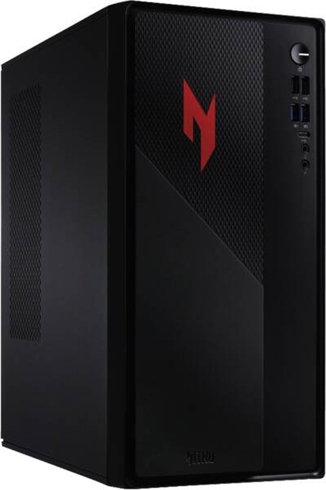Ein schwarzer Desktop-PC mit einem roten Logo an der Vorderseite und Anschlüssen oben rechts.