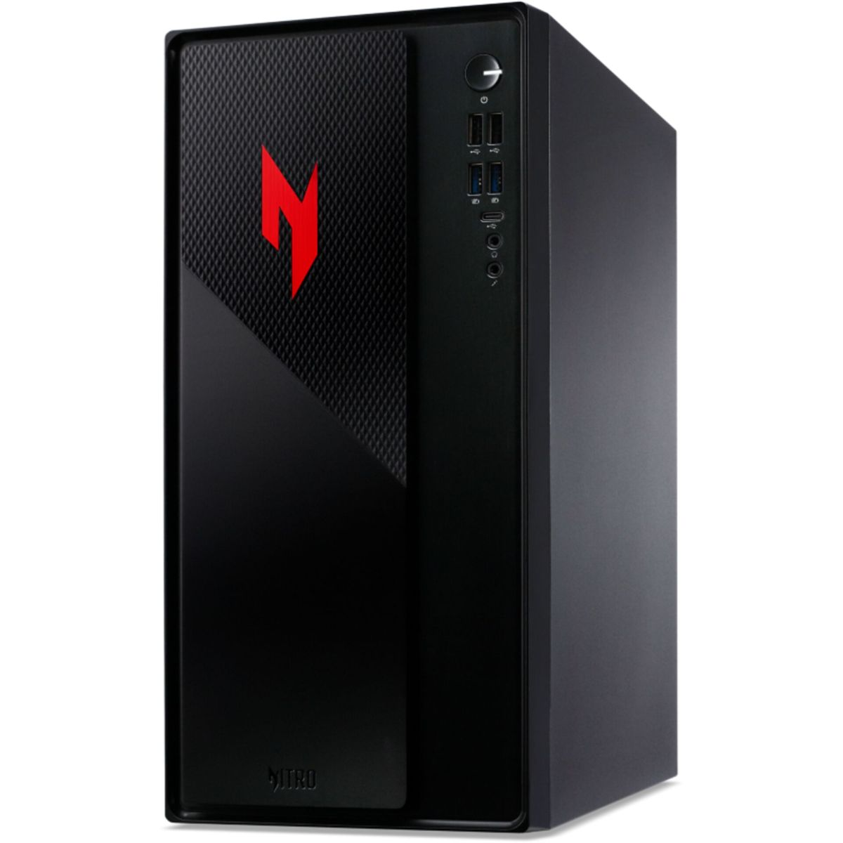 Schwarzer Gaming-PC-Tower mit roten Akzenten und Anschlüssen vorne.