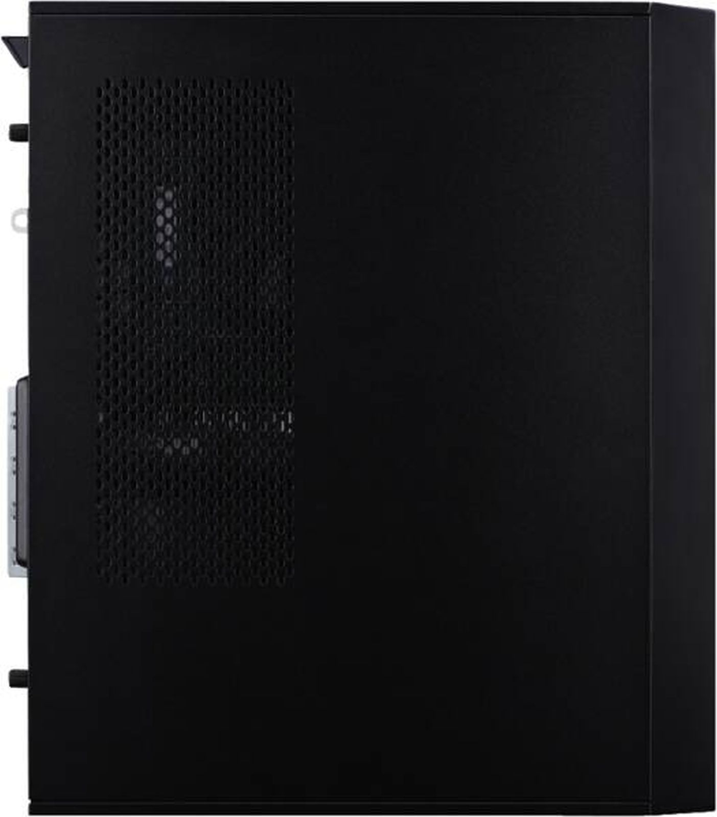 Ein schwarzes PC-Gehäuse mit einer Seitenwand, die ein Mesh-Belüftungsgitter besitzt.