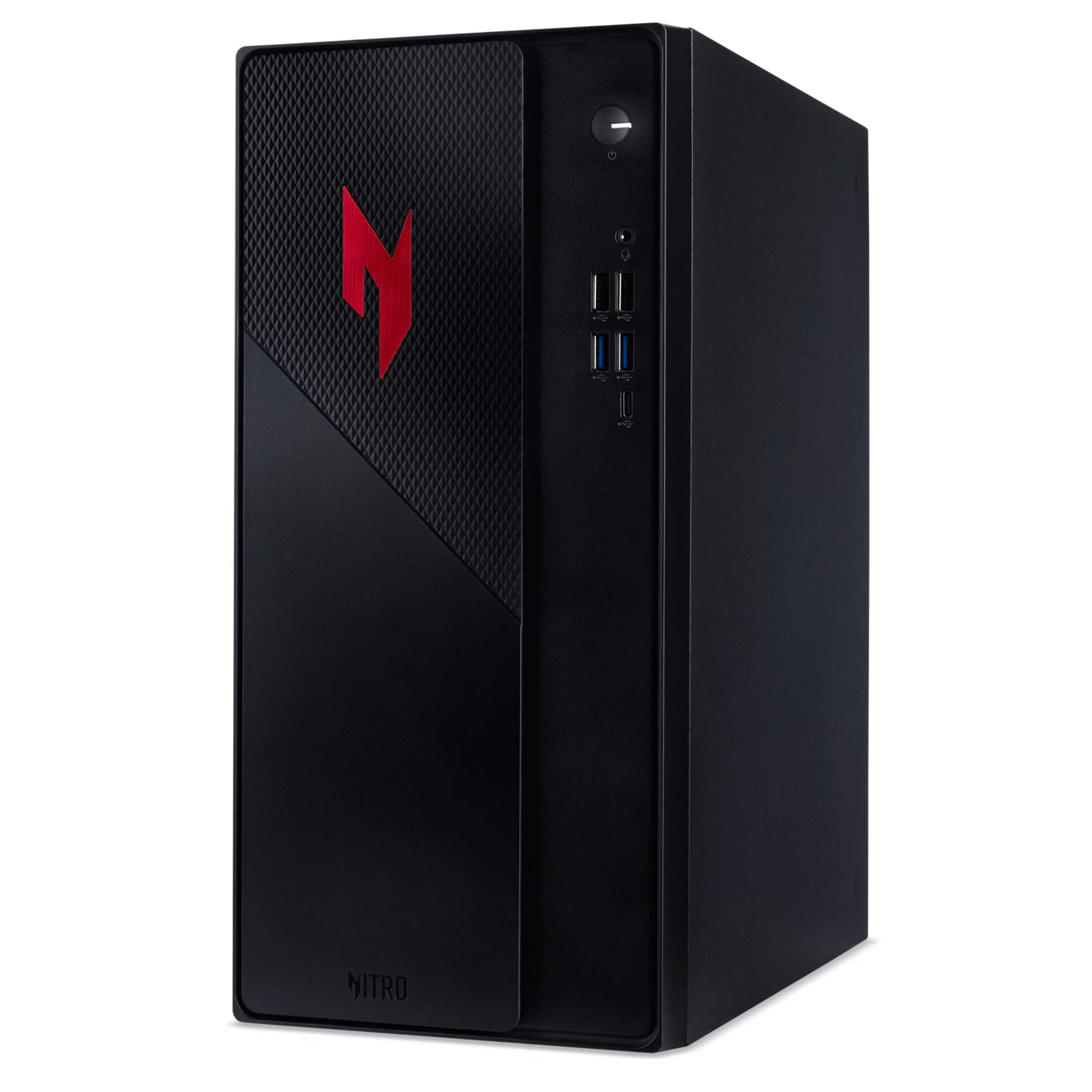 Schwarzer Acer Nitro Desktop-PC mit rotem Logo auf der Vorderseite, USB-Anschl üssen und einem Power-Button.