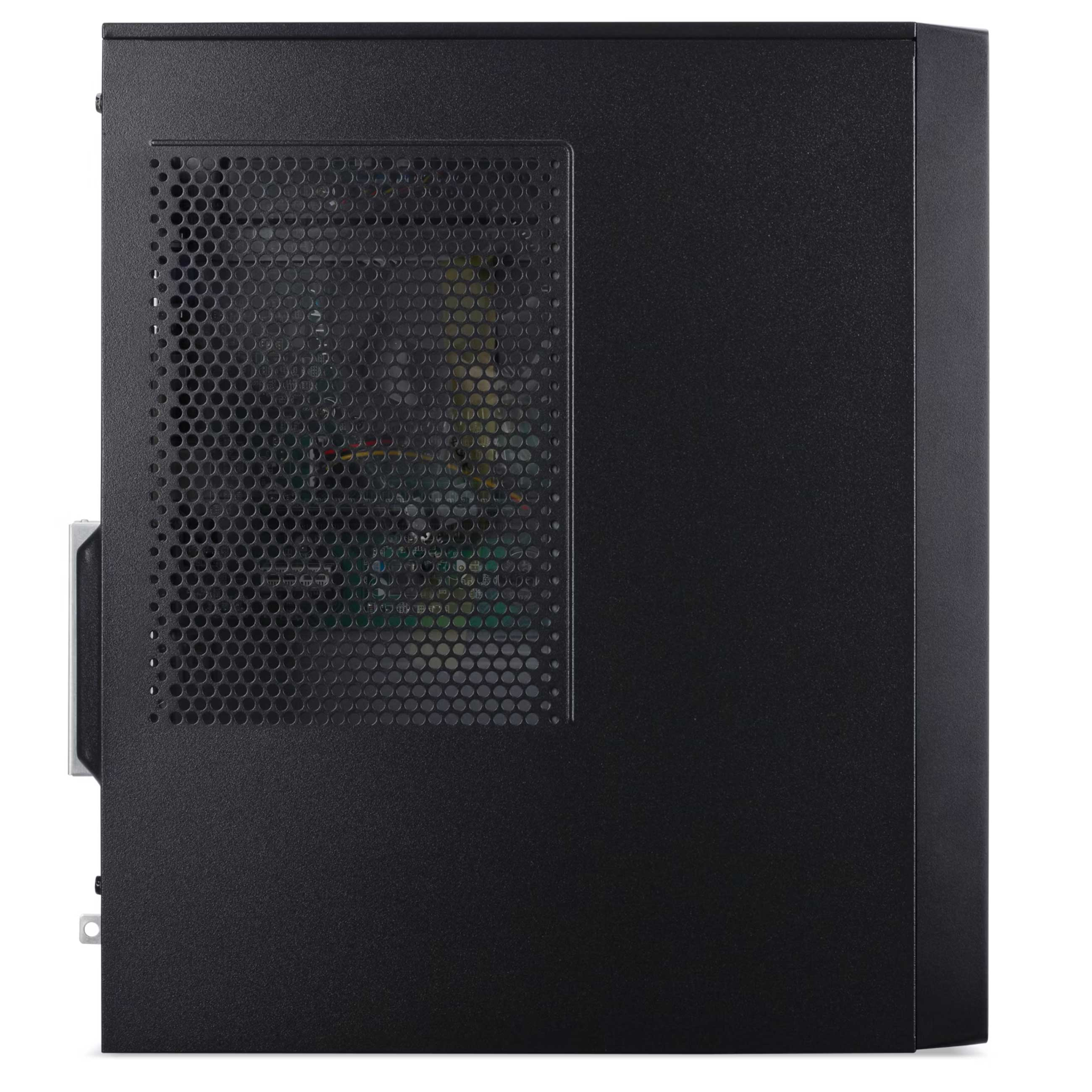 Ein schwarzes Computergehäuse zeigt seitliche Belüftungsgitter gegen weiße Hintergrundbeleuchtung.