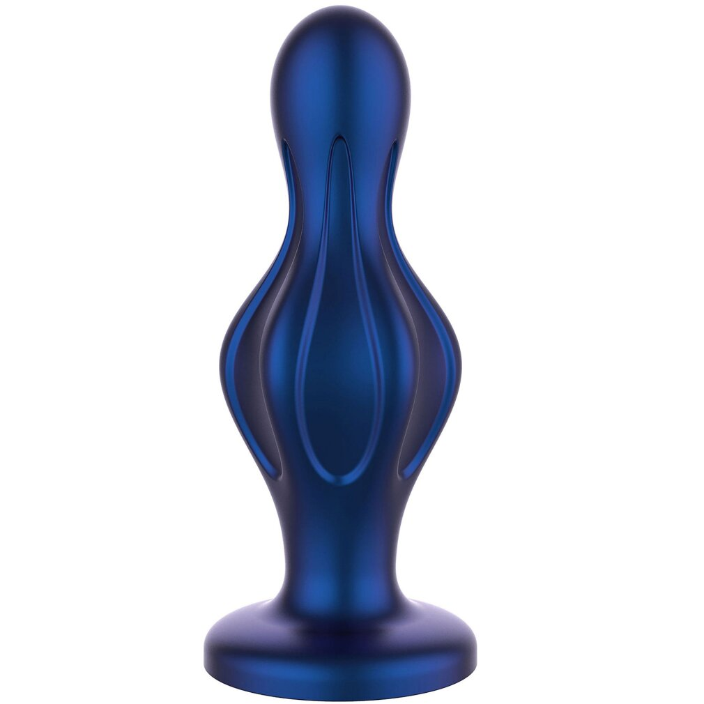 Ein glänzender, blauer Butt-Plug mit konischem Design und einer flachen Basis auf weißem Hintergrund.