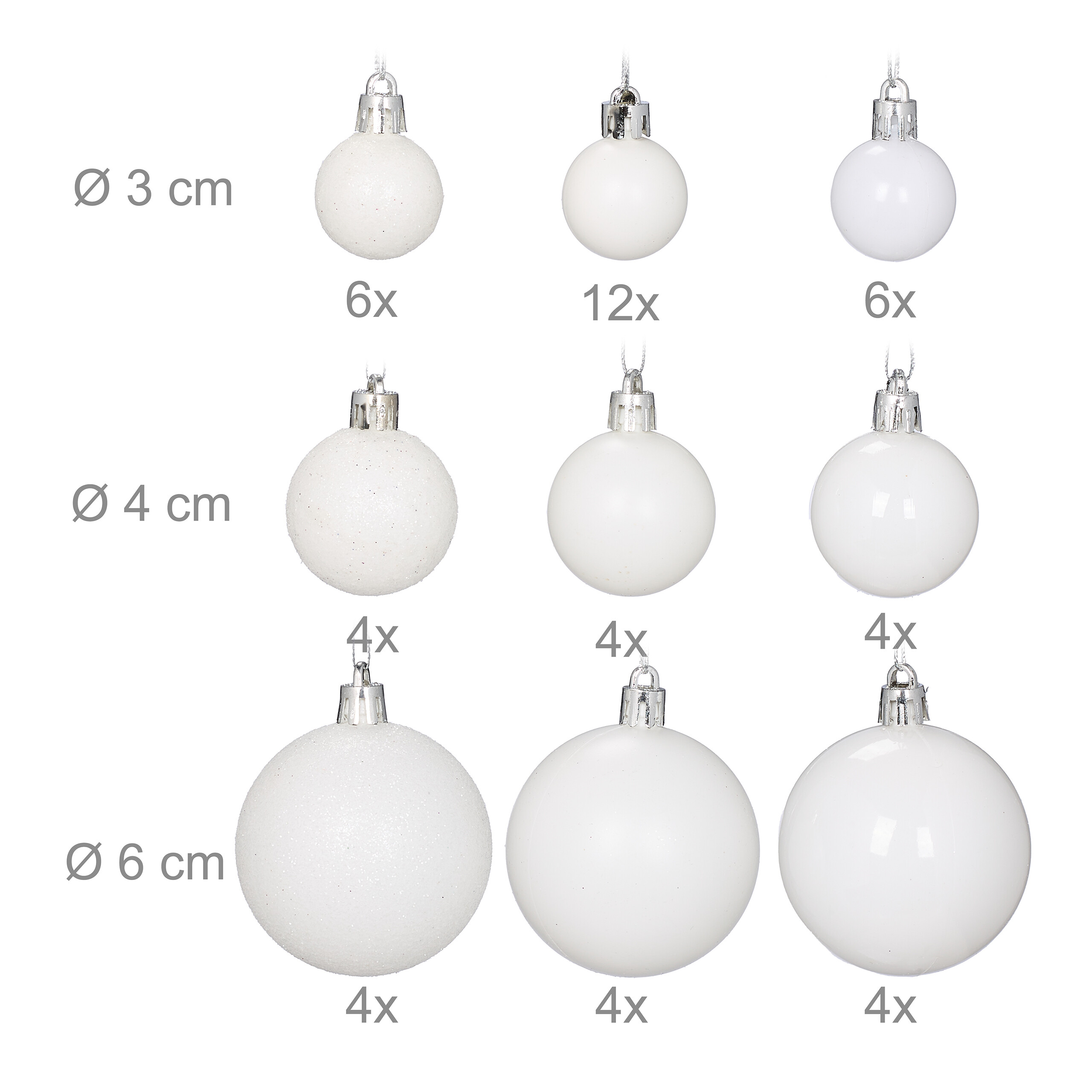 Verschiedene weiße Weihnachtskugeln in verschiedenen Größen und Ausführungen mit Maßangaben.