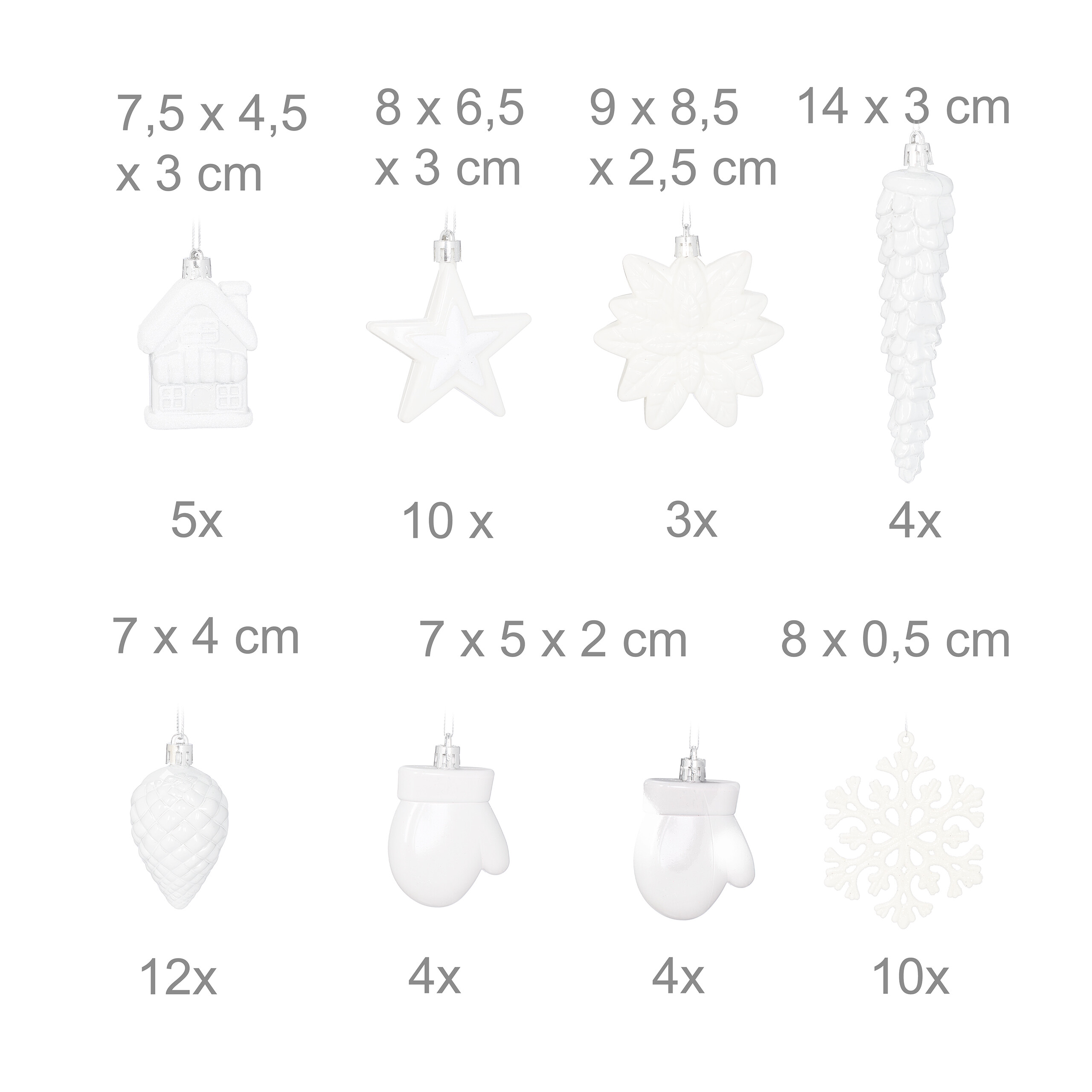 Diagramm zeigt verschiedene weiße Weihnachtsbaumkugeln mit Maßen und Mengen.