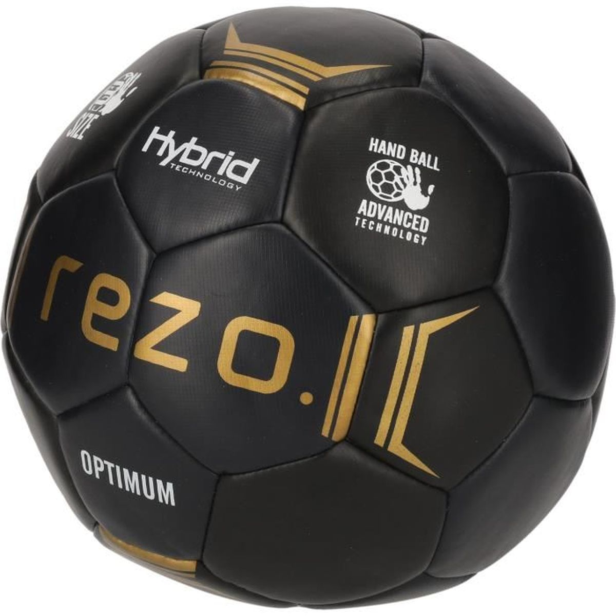 Schwarzer Handball mit goldenen Aufschriften und Linien auf weißem Hintergrund.