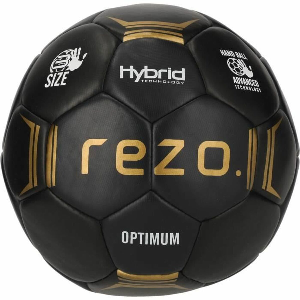 Schwarzer Handball mit goldenen Aufschriften von rezo und Logos.
