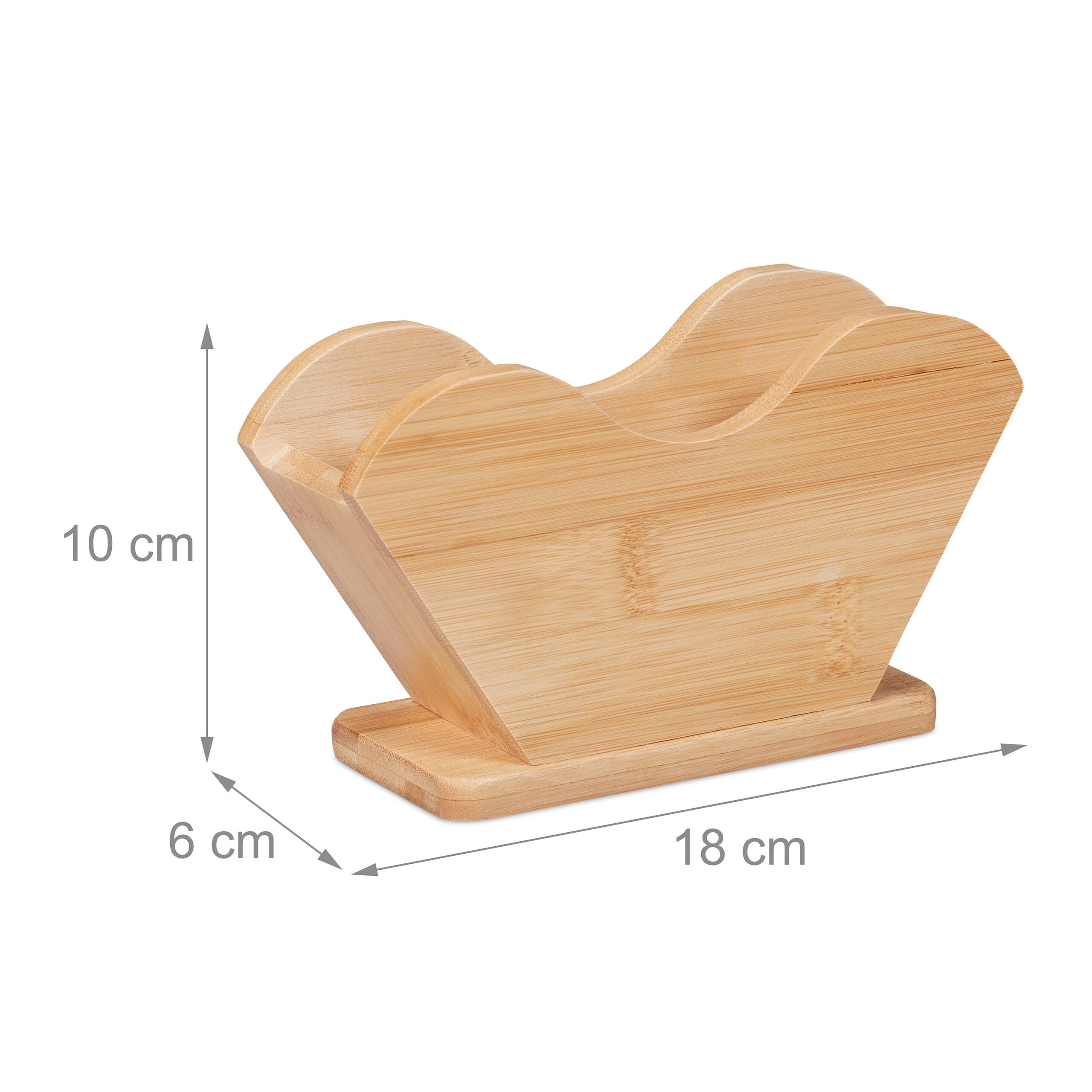 Bambus-Kaffeebecherhalter mit Maßangaben von 10x6x18 cm auf weißem Grund.