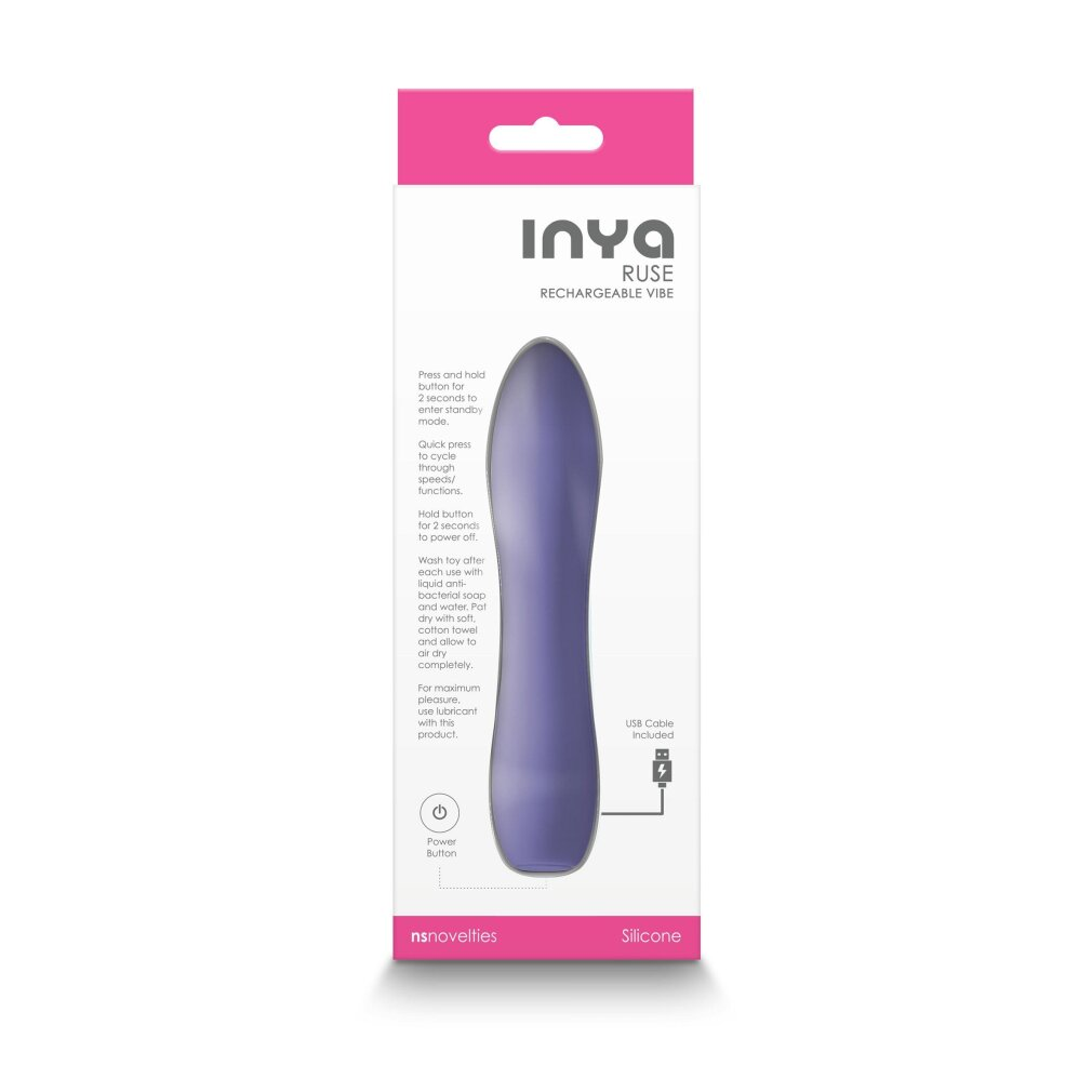 Verpackung für den Inya Ruse wiederaufladbaren Vibrator mit lila Silikonspielzeug und Anleitungen.